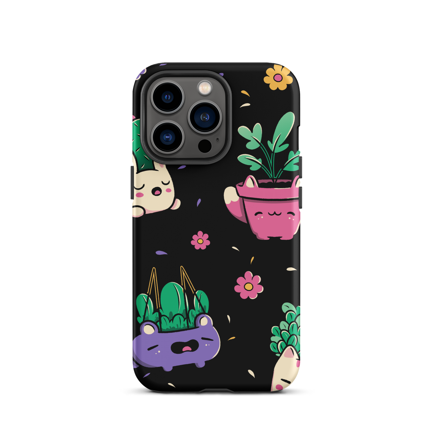 An endearing pattern featuring petite potted plants creatively shaped like adorable animals, arranged in a charming repeating composition. This enchanting design is perfect for plant enthusiasts who adore greenery and love surrounding themselves with whimsical, nature-inspired details.