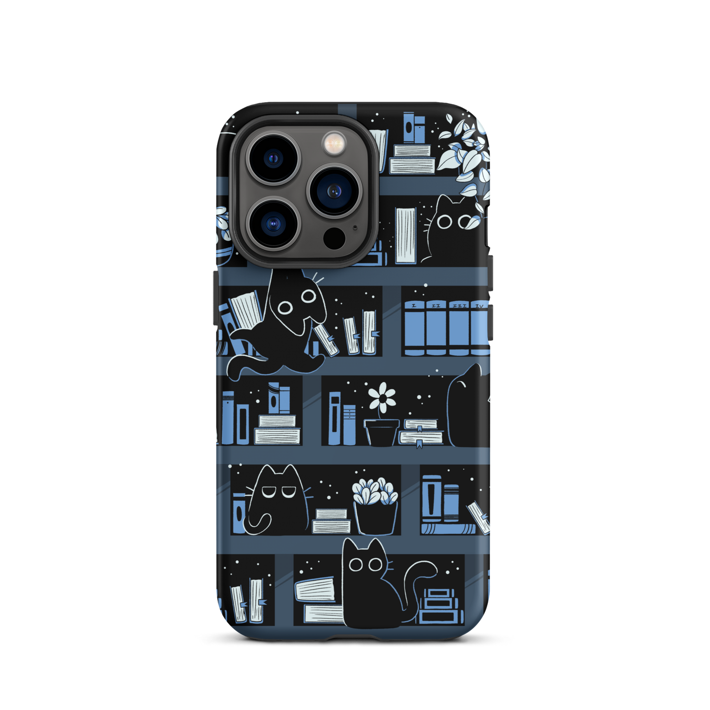 A pattern designed to resemble one large bookshelf filled with books, plants and playful little black kittens tucked between the shelves. An artwork in shades of black and blue, perfect for those who love cats, books and plants.