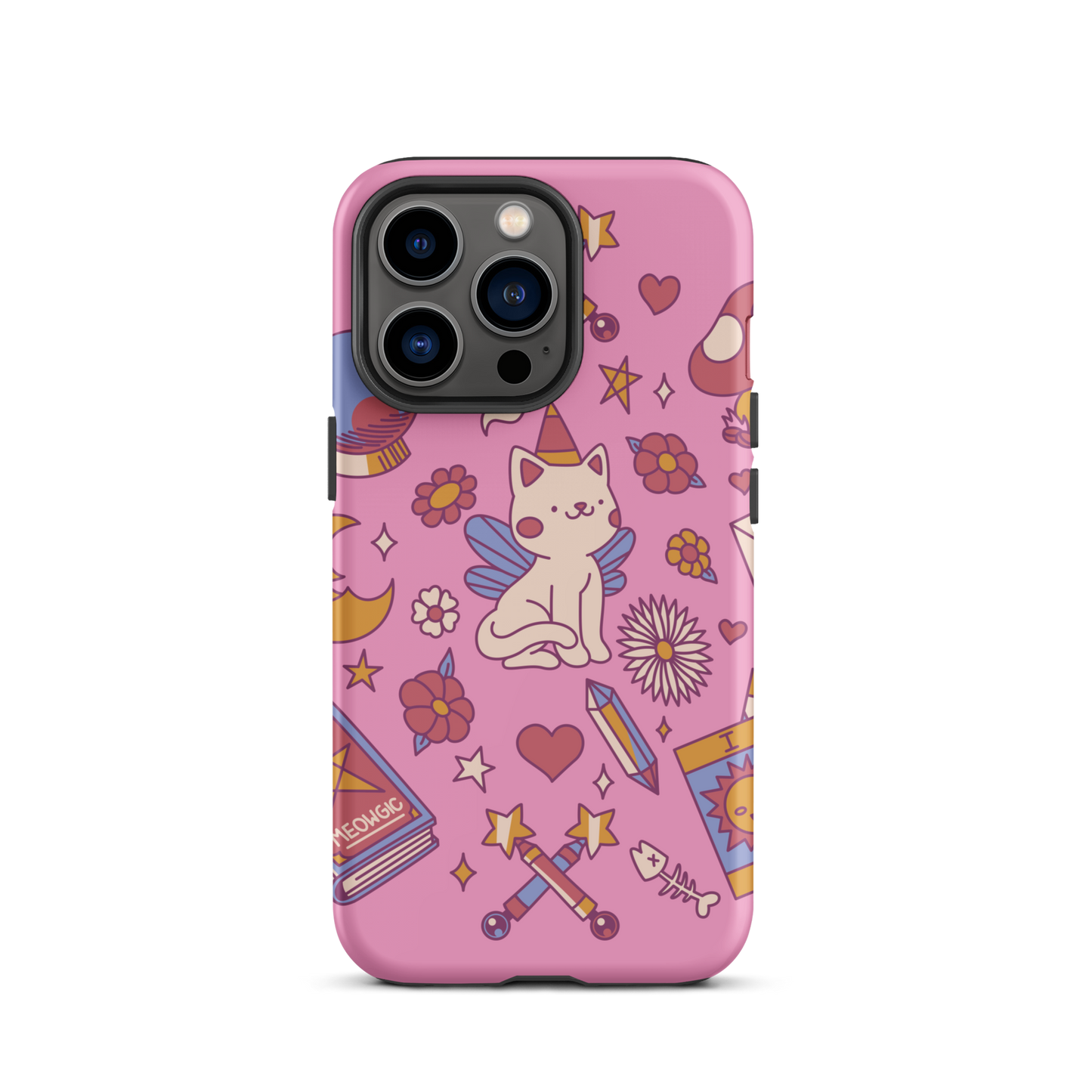 The artwork depicts a magical kitten with wings and a little hat, surrounded by crystals, flowers, tarot cards, mushrooms, and mystical elements in pastel shades. The design blends cute fantasy with colorful witchy aesthetics, creating an enchanting, lighthearted composition full of fun details. Perfect for lovers of cute mysticism, tarot, magical cats, and anyone who enjoys colorful prints with a magical vibe.