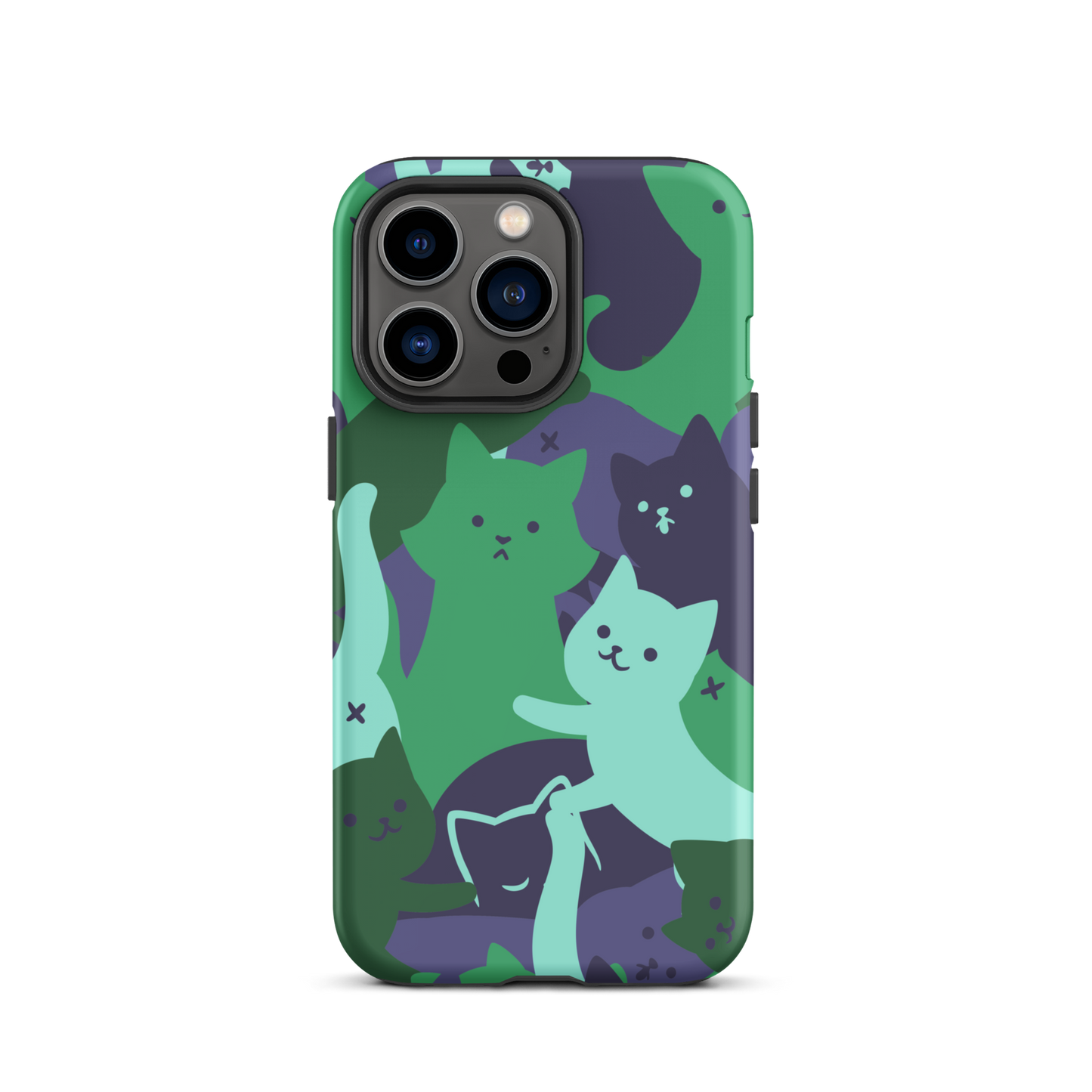 A playful pattern featuring multiple kittens in shades of green and blue, arranged to create a soft camouflage effect. This design blends cute cats with a modern pattern aesthetic, perfect for fans of fun, stylish, and whimsical art.