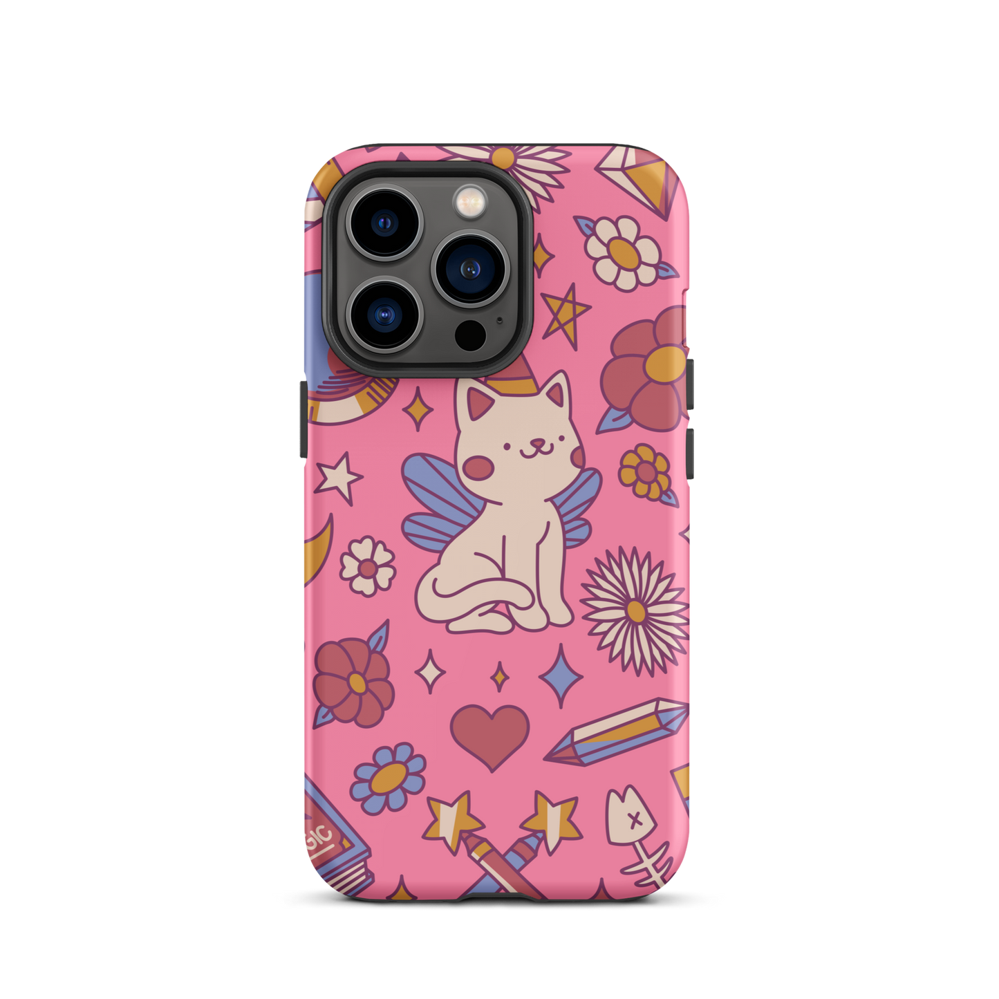 A seamless pattern featuring a magical winged kitten surrounded by crystals, flowers, tarot cards, mushrooms and other mystical elements in soft pastel tones. A playful and whimsical design with a cute, magical vibe.