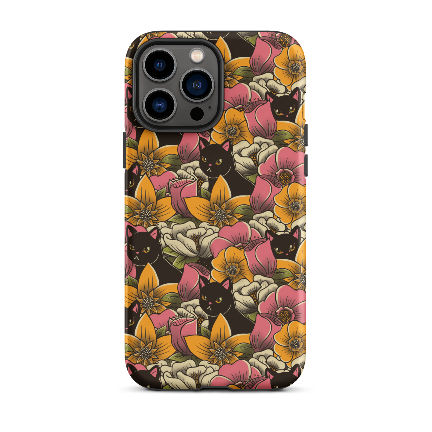 The image features a repeating pattern of colorful flowers in pink, yellow, and cream hues with lush green foliage. Interspersed among the flowers are playful black cats with bright eyes. The design has a whimsical and vibrant feel, ideal for various products like t-shirts, stickers, coffee cups, and skateboards. The style is reminiscent of traditional floral art blended with playful elements of animal decor.