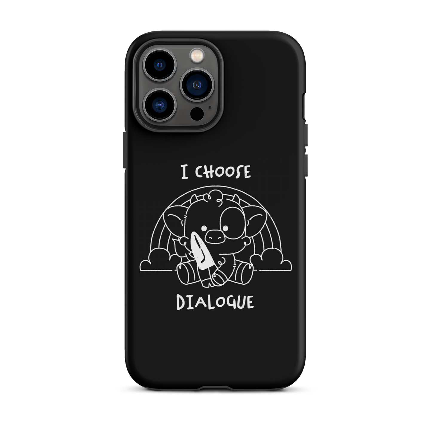 An adorable cow holds a knife while sitting in front of a rainbow, accompanied by the phrase “I Choose Dialogue.” This design combines sweetness and irony to create a fun and unexpected contrast. It’s a great gift for those who enjoy subtle humor and designs that combine cuteness with a touch of irreverence.