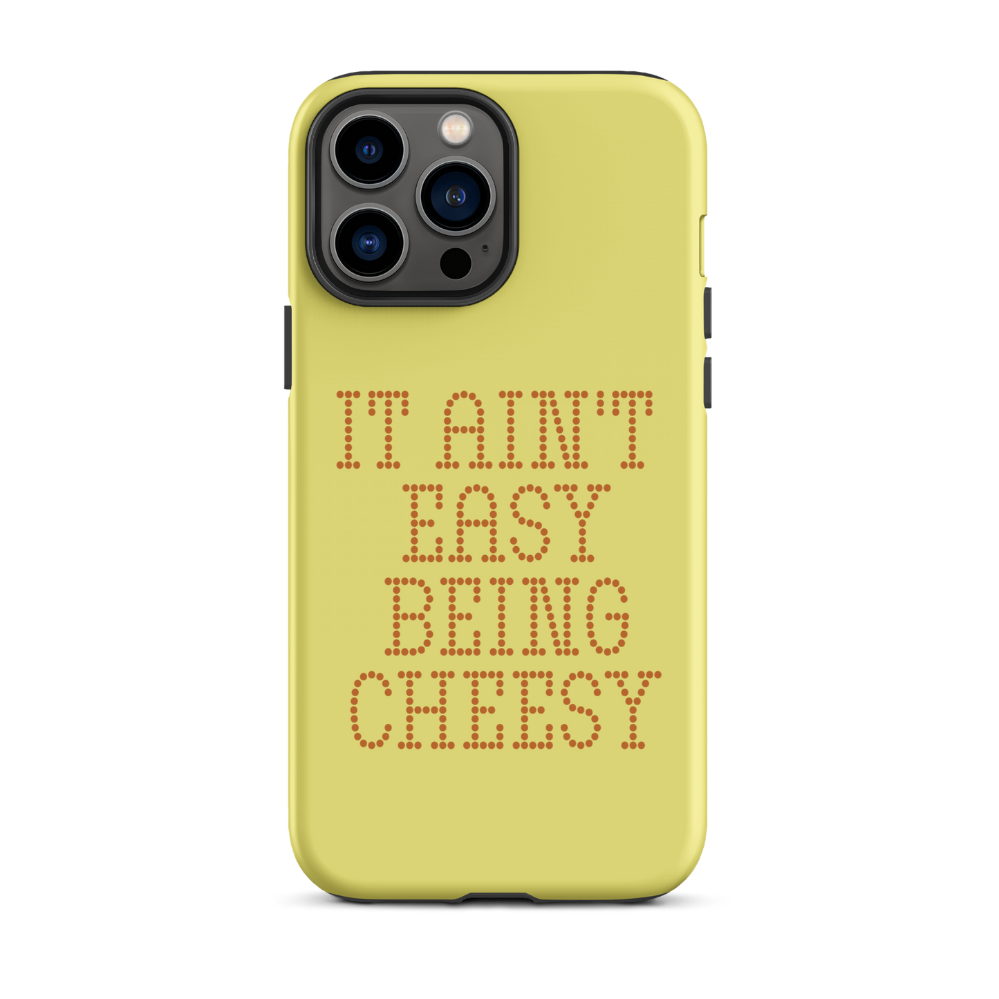 Bold dotted typography spells out ‘It Ain’t Easy Being Cheesy’ in a playful retro style on a yellow background. This funny design mixes wordplay with foodie humor, perfect for pun lovers, cheese fans, retro humor enthusiasts, and anyone who embraces the cringe with pride. A great quirky gift for cheese lovers and humor fans alike.