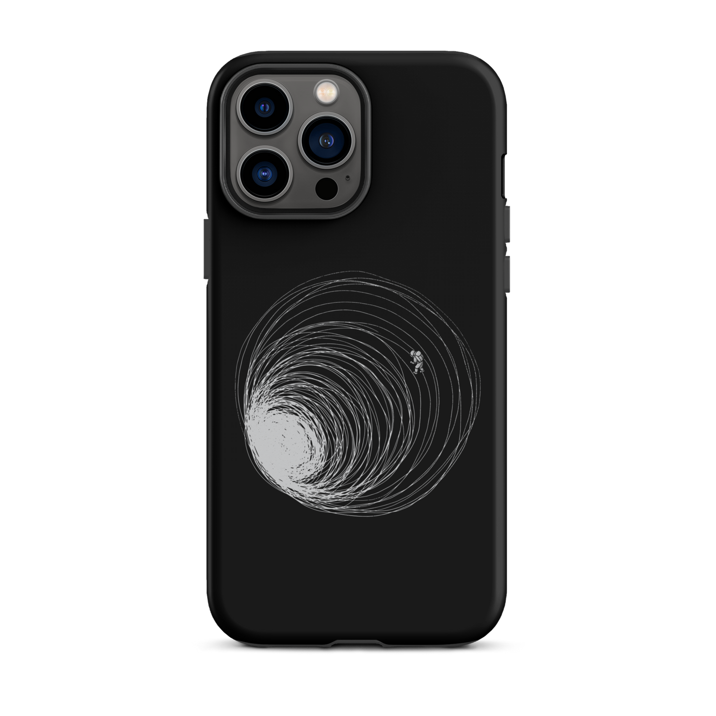 A big black hole with an astronaut floating around as if being sucked into it. A minimalist art perfect for those who love space.