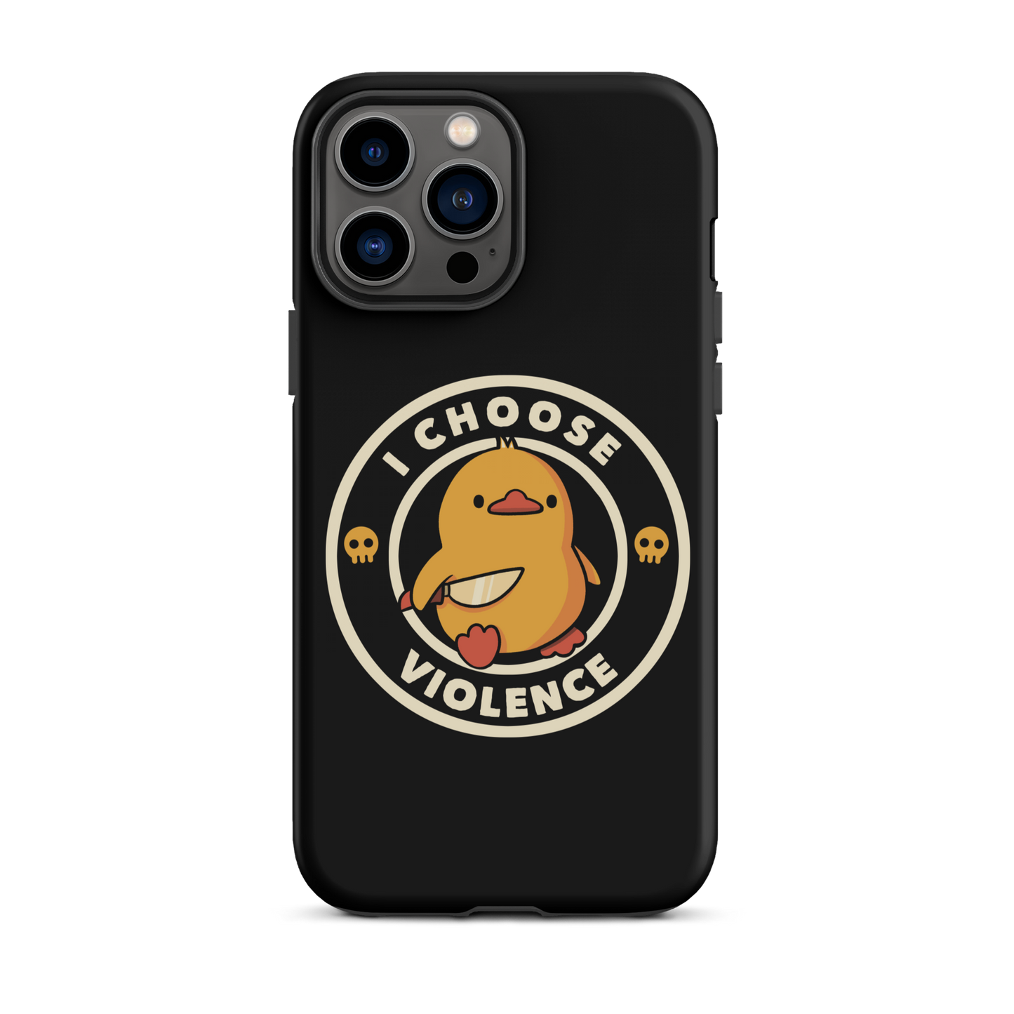 A cute, cartoon-style yellow duckling stands confidently holding a large knife in its wing. The duckling is encircled by text saying 'I CHOOSE VIOLENCE' in bold white letters. Small skull symbols flank the chick on either side, adding a touch of humor and irony to the otherwise adorable drawing.