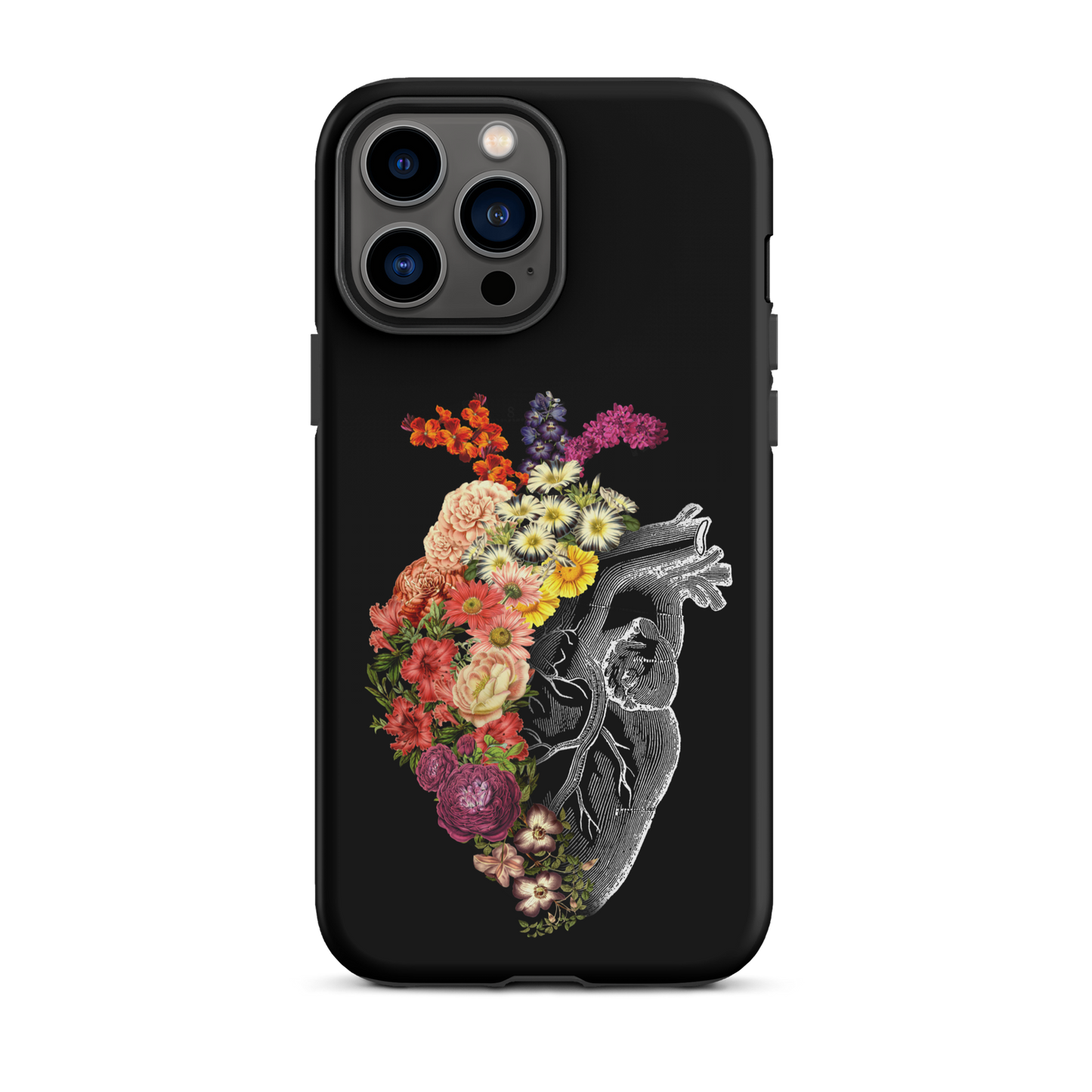 The design is an intricate and anatomical drawing of a human heart on a black background. The left side of the heart morphs into a vibrant assortment of colorful flowers, including roses, daisies, and other blooming blossoms, creating a striking contrast between the realistic and the surreal, symbolizing the harmony between nature and humanity.