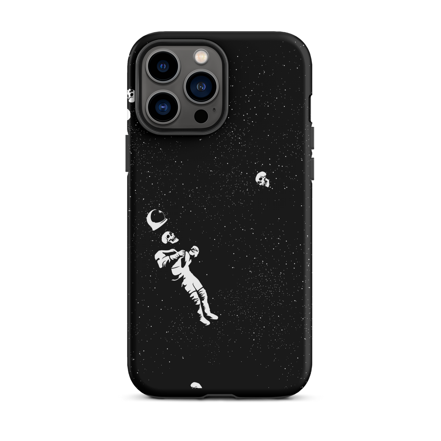 This image features a white astronaut figures floating in a dark, starry space background. The astronaut is surrounded by small celestial bodies and crescent moons, giving a sense of drifting through the cosmos. The design is intricate and has a whimsical, dreamy quality, with a vintage-inspired look, evoking a sense of exploration and wonder.