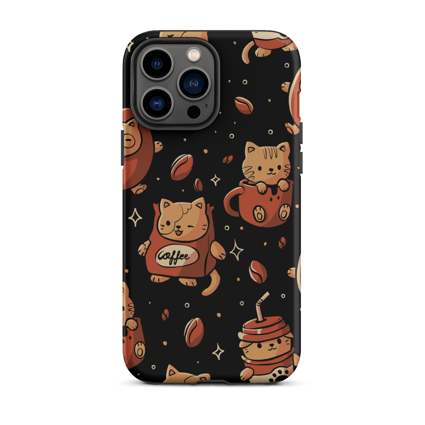 A pattern featuring several cute kittens appears in different coffee-themed versions: inside cups, as coffee beans, and on playful packaging. This artwork combines a love for cats and coffee in a charming and humorous composition. Perfect for cat lovers, coffee lovers, baristas, and anyone who enjoys cute and cozy designs.