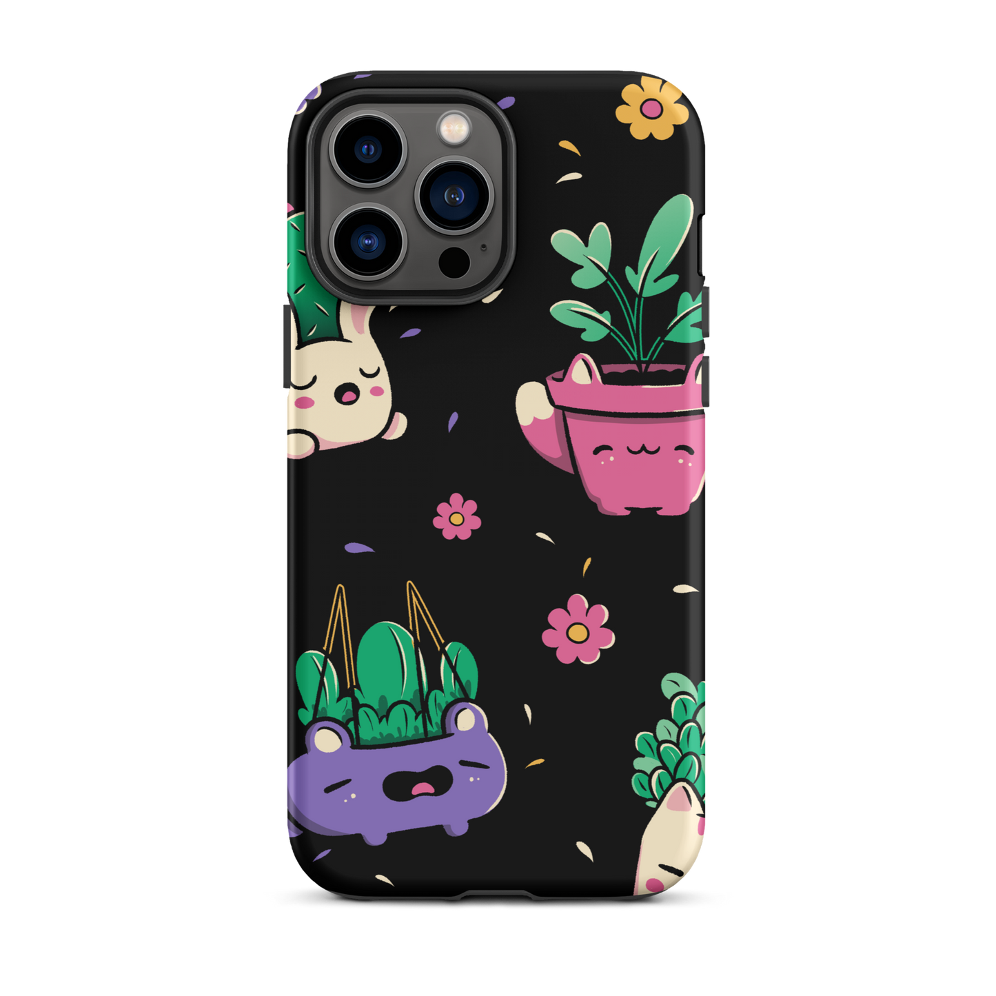An endearing pattern featuring petite potted plants creatively shaped like adorable animals, arranged in a charming repeating composition. This enchanting design is perfect for plant enthusiasts who adore greenery and love surrounding themselves with whimsical, nature-inspired details.