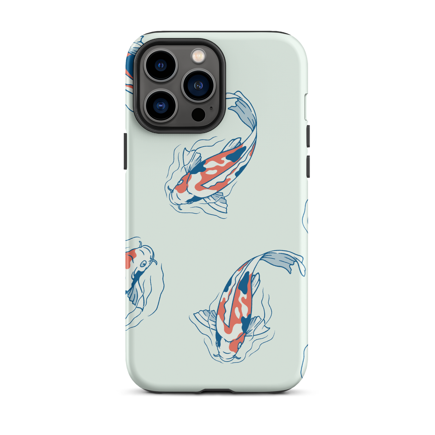 A pattern featuring koi fish gracefully swimming across a calm blue pond. A minimalist design inspired by Japanese illustration, bringing a gentle sense of peace and serenity.