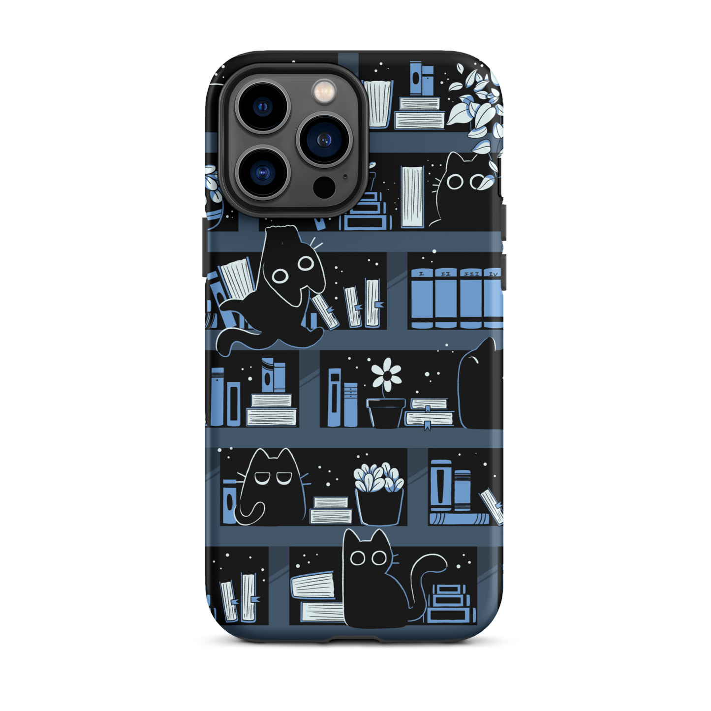 A pattern designed to resemble one large bookshelf filled with books, plants and playful little black kittens tucked between the shelves. An artwork in shades of black and blue, perfect for those who love cats, books and plants.