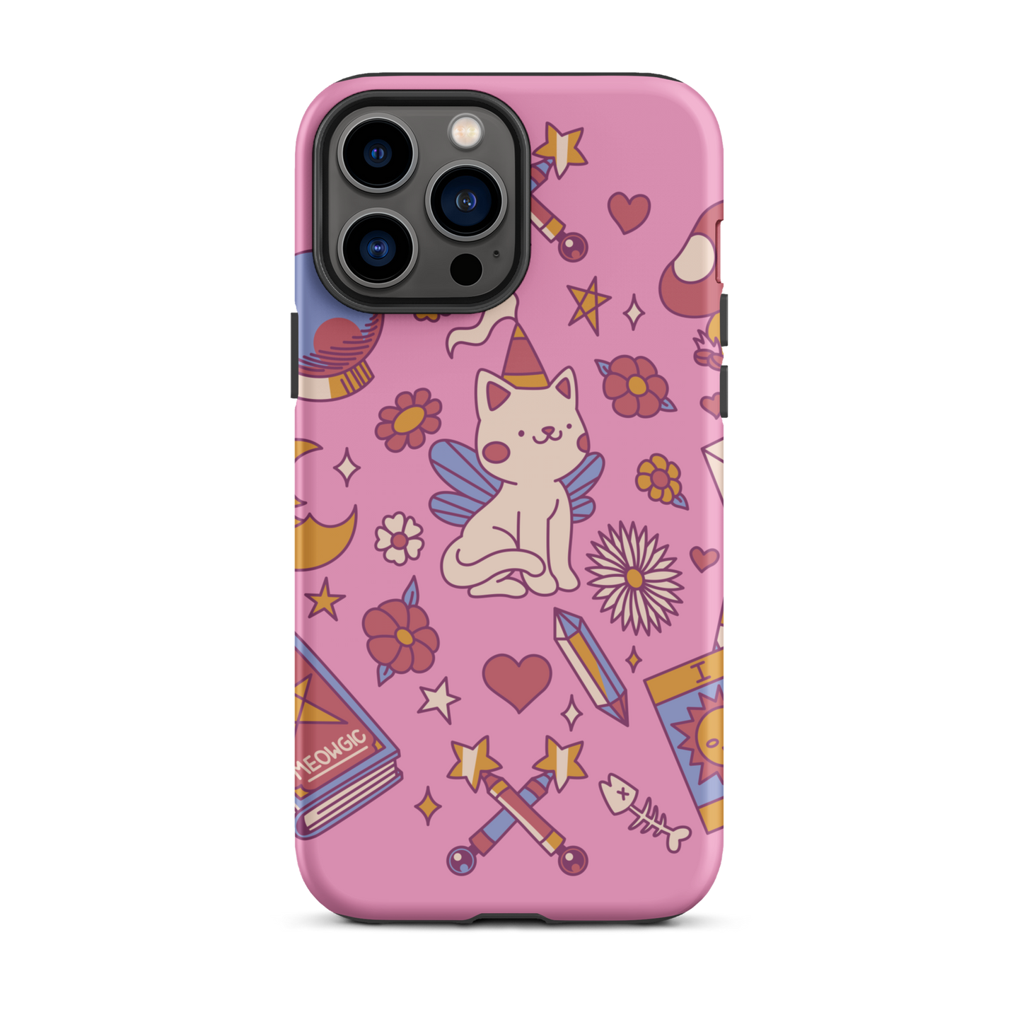 The artwork depicts a magical kitten with wings and a little hat, surrounded by crystals, flowers, tarot cards, mushrooms, and mystical elements in pastel shades. The design blends cute fantasy with colorful witchy aesthetics, creating an enchanting, lighthearted composition full of fun details. Perfect for lovers of cute mysticism, tarot, magical cats, and anyone who enjoys colorful prints with a magical vibe.