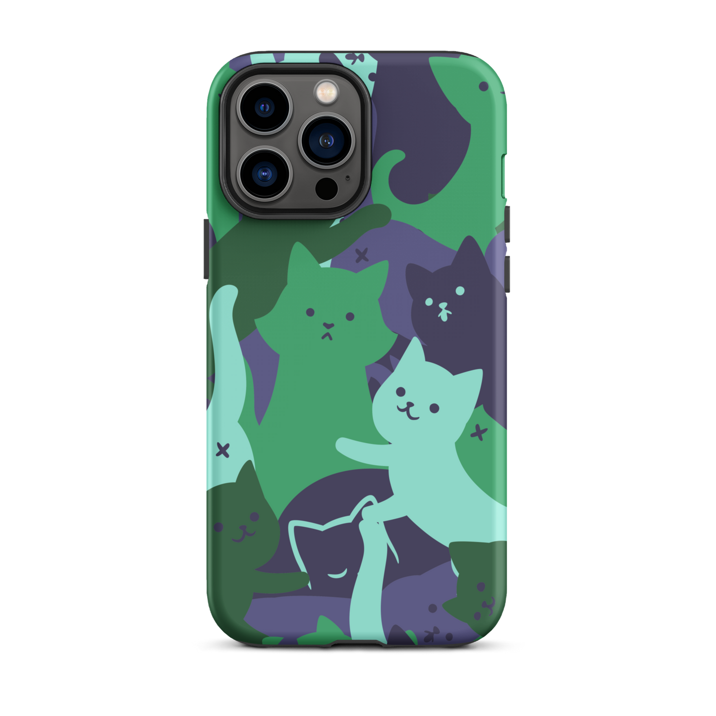 A playful pattern featuring multiple kittens in shades of green and blue, arranged to create a soft camouflage effect. This design blends cute cats with a modern pattern aesthetic, perfect for fans of fun, stylish, and whimsical art.