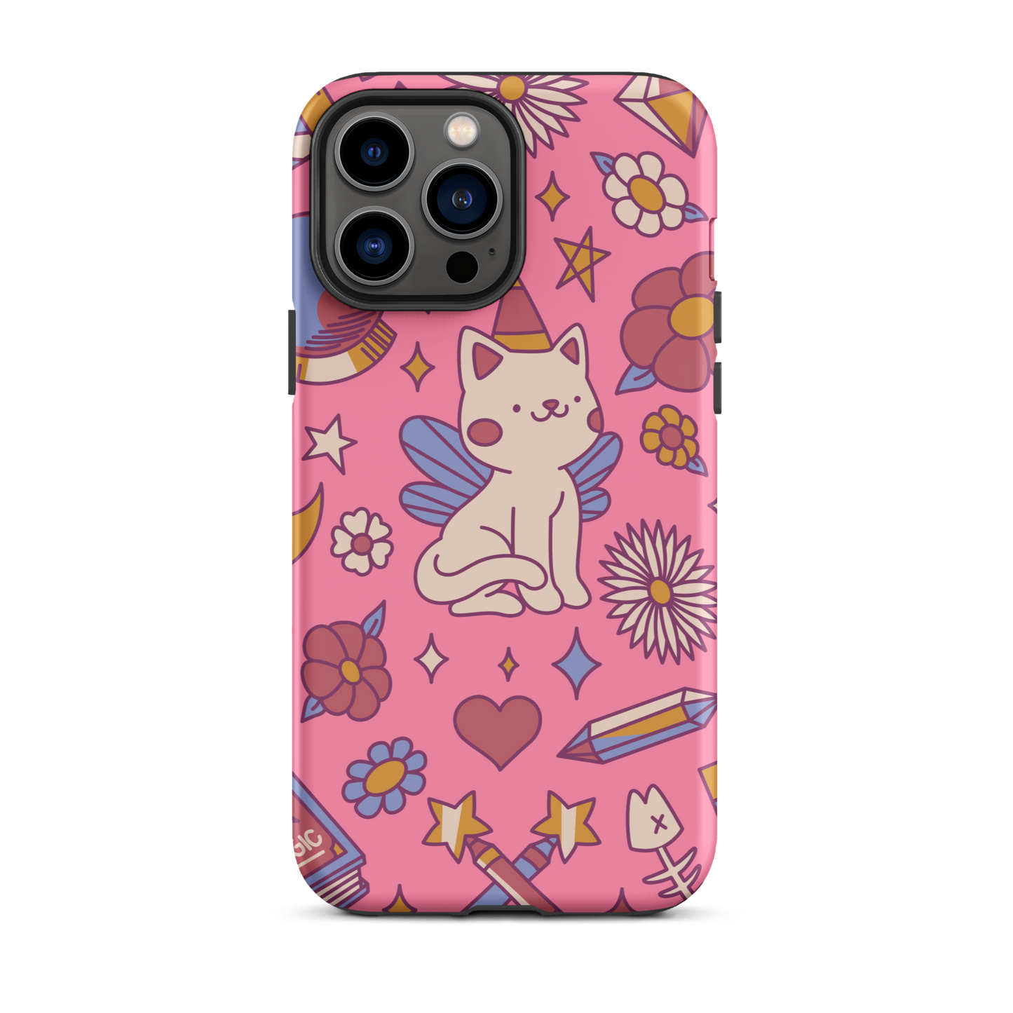 A seamless pattern featuring a magical winged kitten surrounded by crystals, flowers, tarot cards, mushrooms and other mystical elements in soft pastel tones. A playful and whimsical design with a cute, magical vibe.