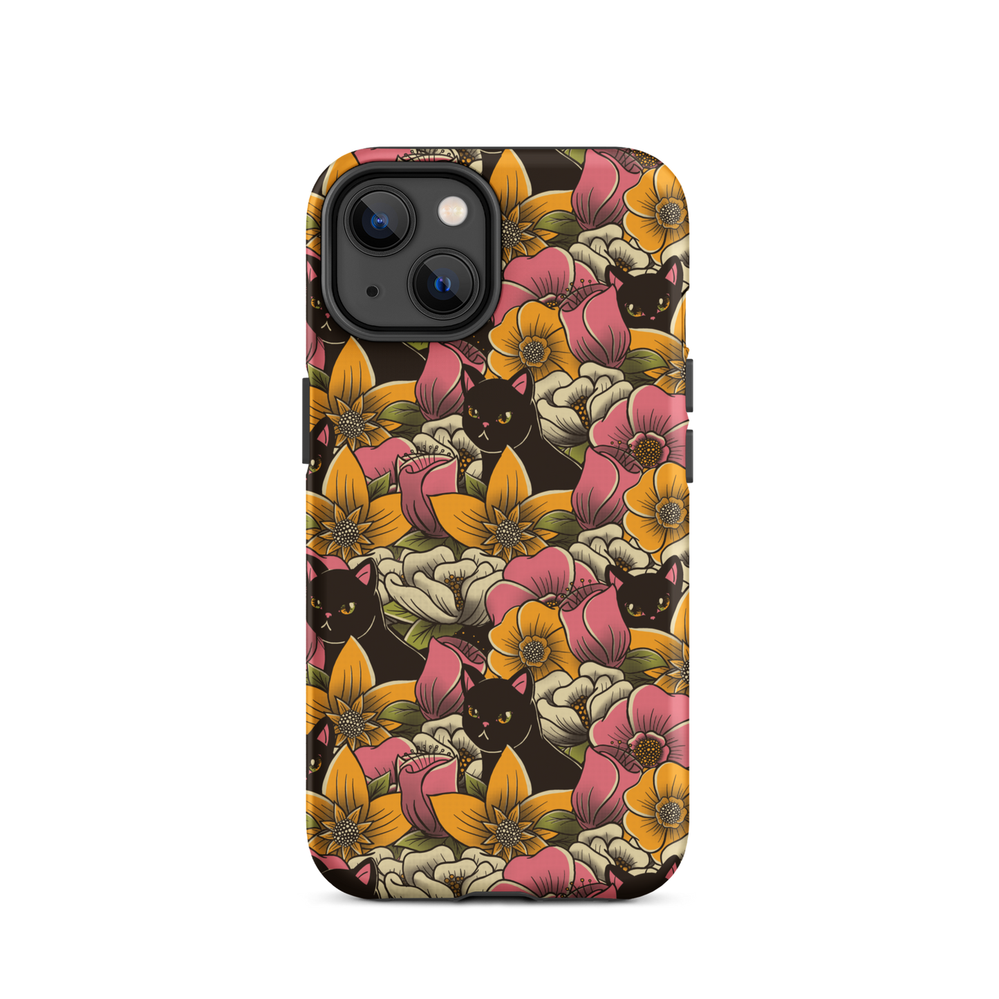 The image features a repeating pattern of colorful flowers in pink, yellow, and cream hues with lush green foliage. Interspersed among the flowers are playful black cats with bright eyes. The design has a whimsical and vibrant feel, ideal for various products like t-shirts, stickers, coffee cups, and skateboards. The style is reminiscent of traditional floral art blended with playful elements of animal decor.