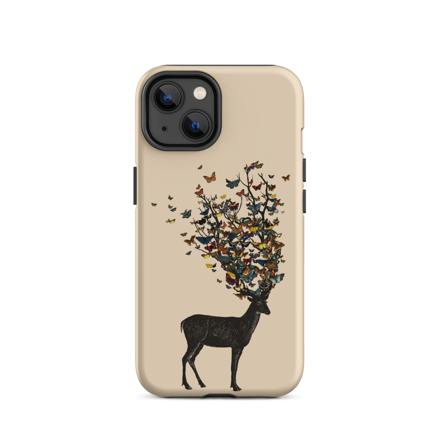 The image depicts a dark, silhouetted deer standing on a neutral background. Instead of branches, its antlers transform into a swirling cloud of vibrant, colorful butterflies that extend upwards and outward. The mix of organic and ethereal elements creates a captivating and whimsical visual contrast.
