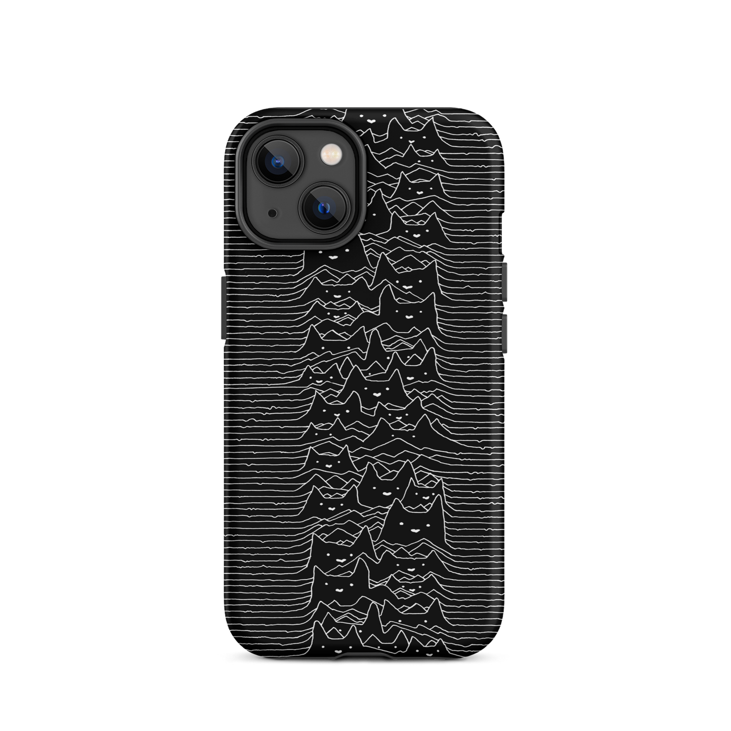 The drawing is a series of continuous wavy lines forming a pattern reminiscent of sound waves or topographic maps, but with an unexpected twist: the lines create the shapes of numerous cat faces stacked vertically. Each cat has simple, expressive features with pointed ears, adding a whimsical element to the otherwise structured pattern.