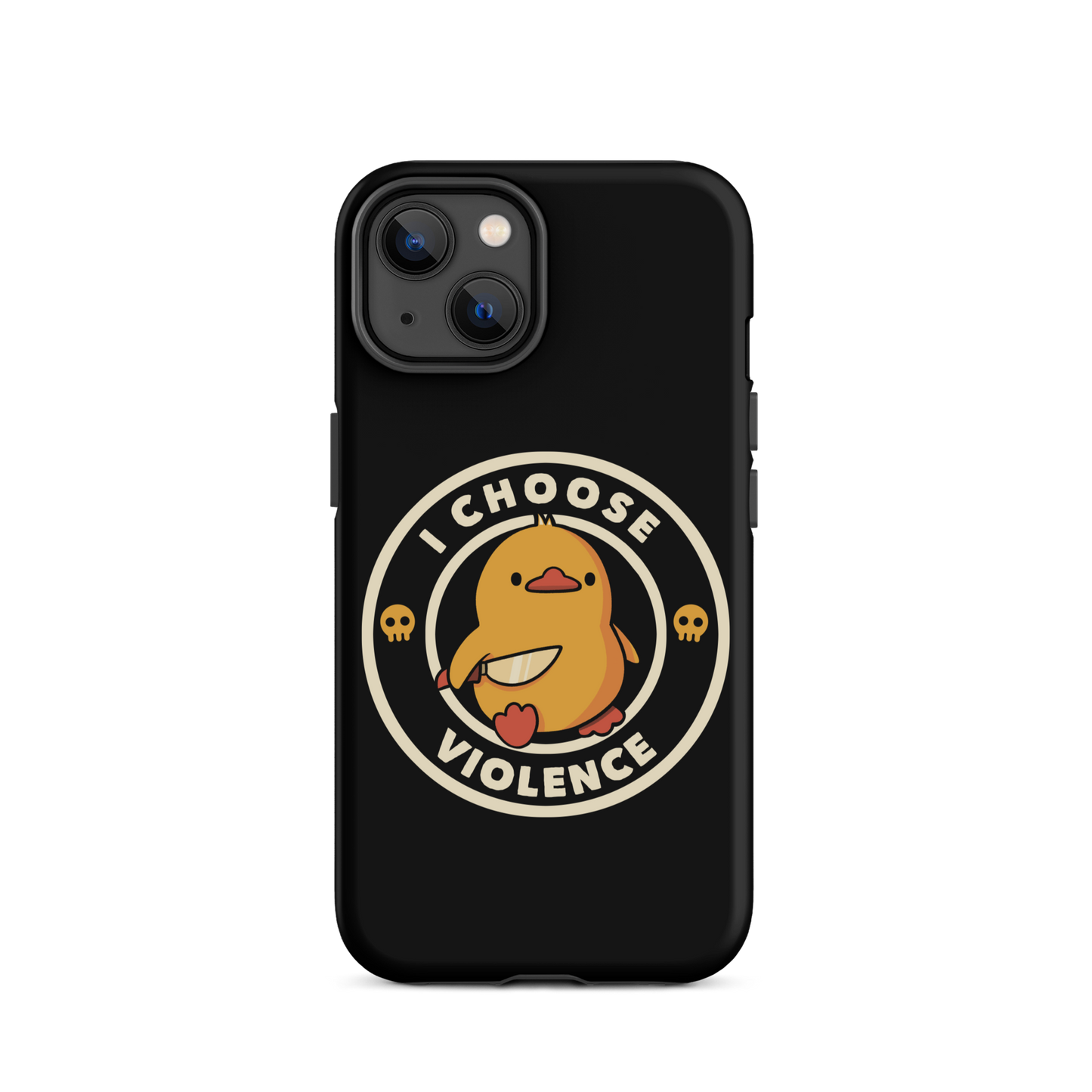 A cute, cartoon-style yellow duckling stands confidently holding a large knife in its wing. The duckling is encircled by text saying 'I CHOOSE VIOLENCE' in bold white letters. Small skull symbols flank the chick on either side, adding a touch of humor and irony to the otherwise adorable drawing.