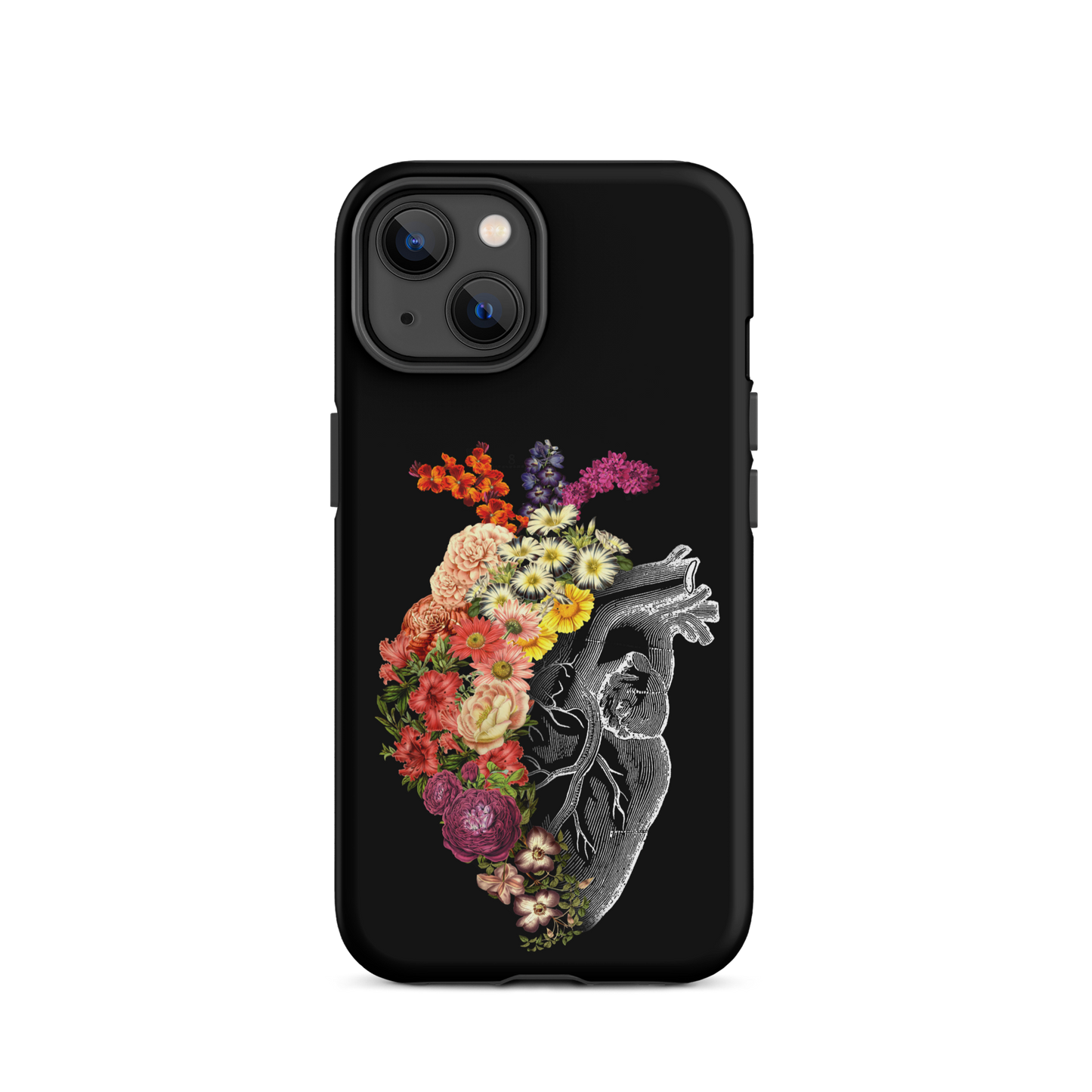 The design is an intricate and anatomical drawing of a human heart on a black background. The left side of the heart morphs into a vibrant assortment of colorful flowers, including roses, daisies, and other blooming blossoms, creating a striking contrast between the realistic and the surreal, symbolizing the harmony between nature and humanity.