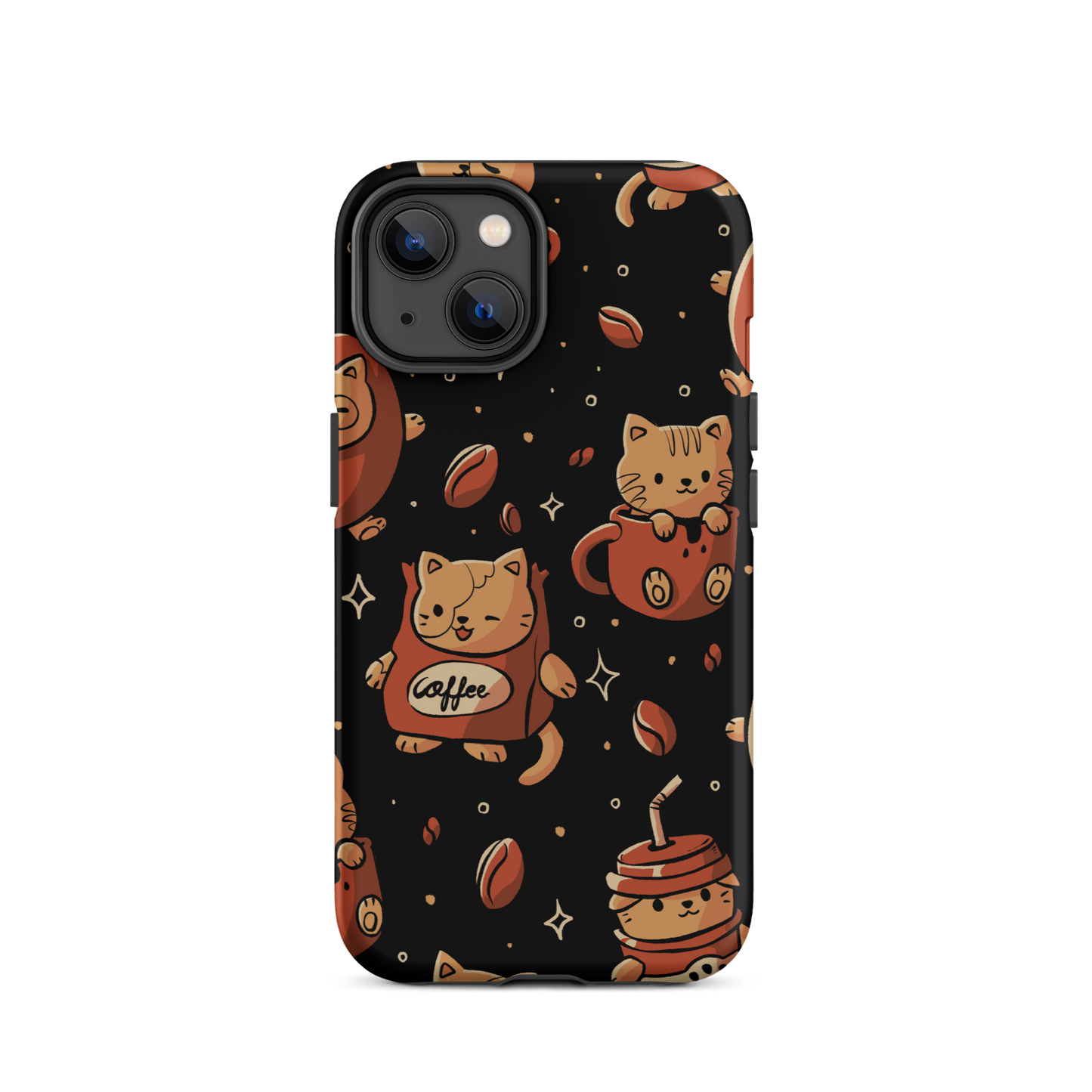 A pattern featuring several cute kittens appears in different coffee-themed versions: inside cups, as coffee beans, and on playful packaging. This artwork combines a love for cats and coffee in a charming and humorous composition. Perfect for cat lovers, coffee lovers, baristas, and anyone who enjoys cute and cozy designs.