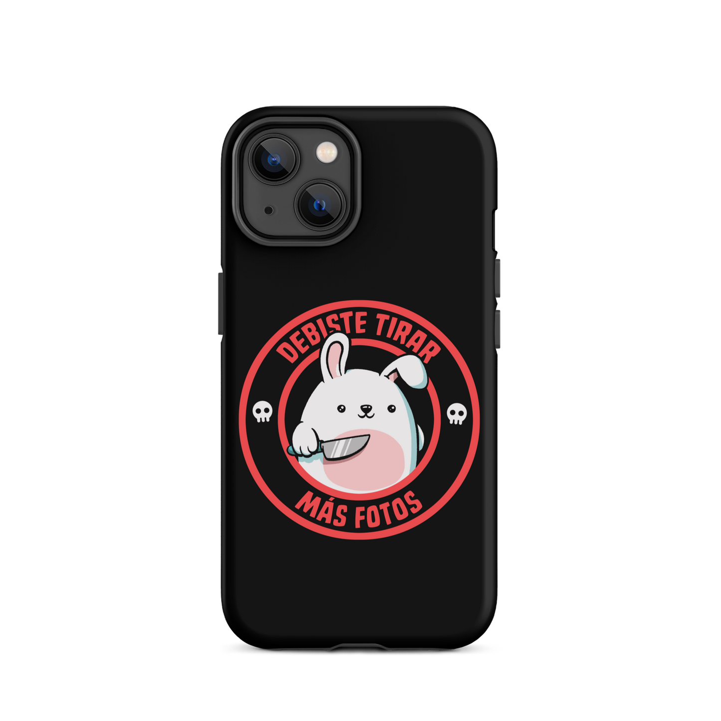 A cute white cartoon bunny with a pink belly stands holding a large kitchen knife in one paw. Surrounding the bunny is a red circular border with the words 'DEBISTE TIRAR MÁS FOTOS'. Small skull icons are on either side of the circle. The overall tone is a mix of adorable and ironic humor.