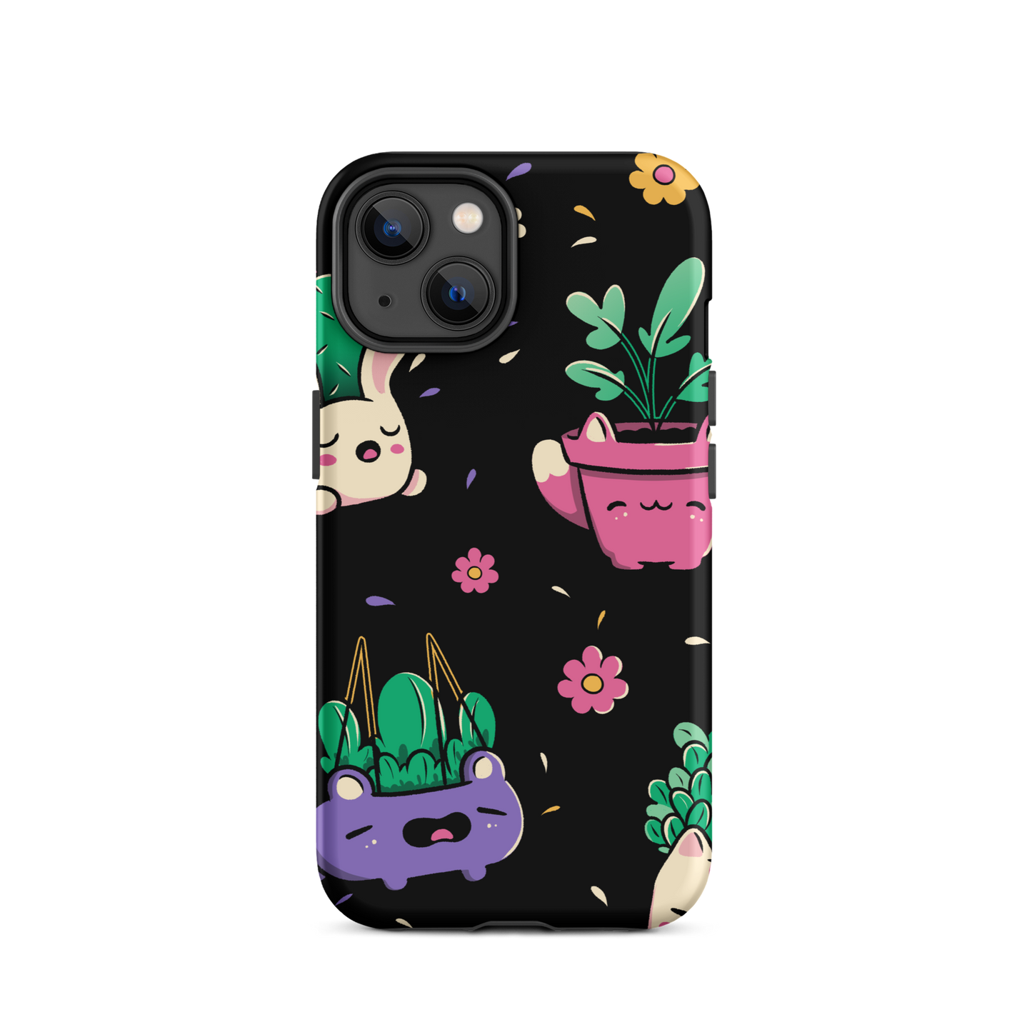 An endearing pattern featuring petite potted plants creatively shaped like adorable animals, arranged in a charming repeating composition. This enchanting design is perfect for plant enthusiasts who adore greenery and love surrounding themselves with whimsical, nature-inspired details.