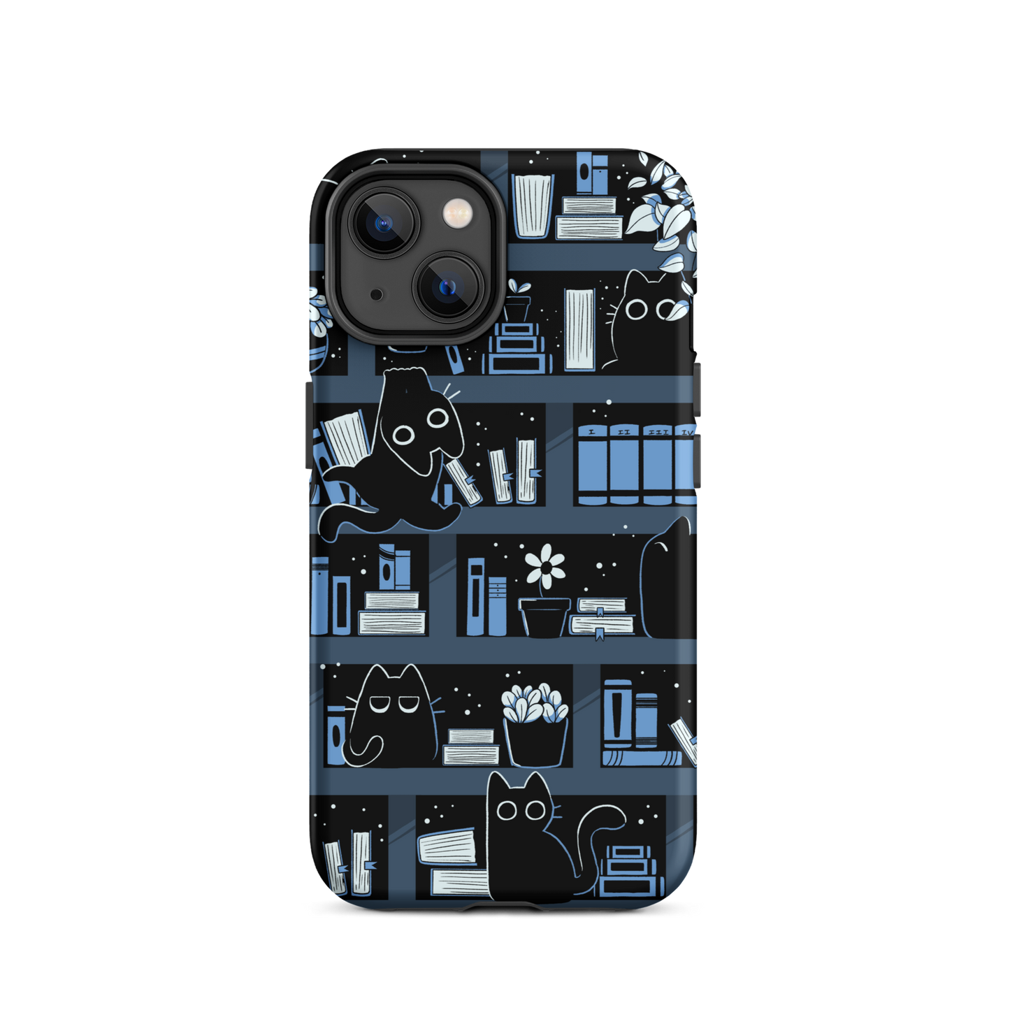 A pattern designed to resemble one large bookshelf filled with books, plants and playful little black kittens tucked between the shelves. An artwork in shades of black and blue, perfect for those who love cats, books and plants.