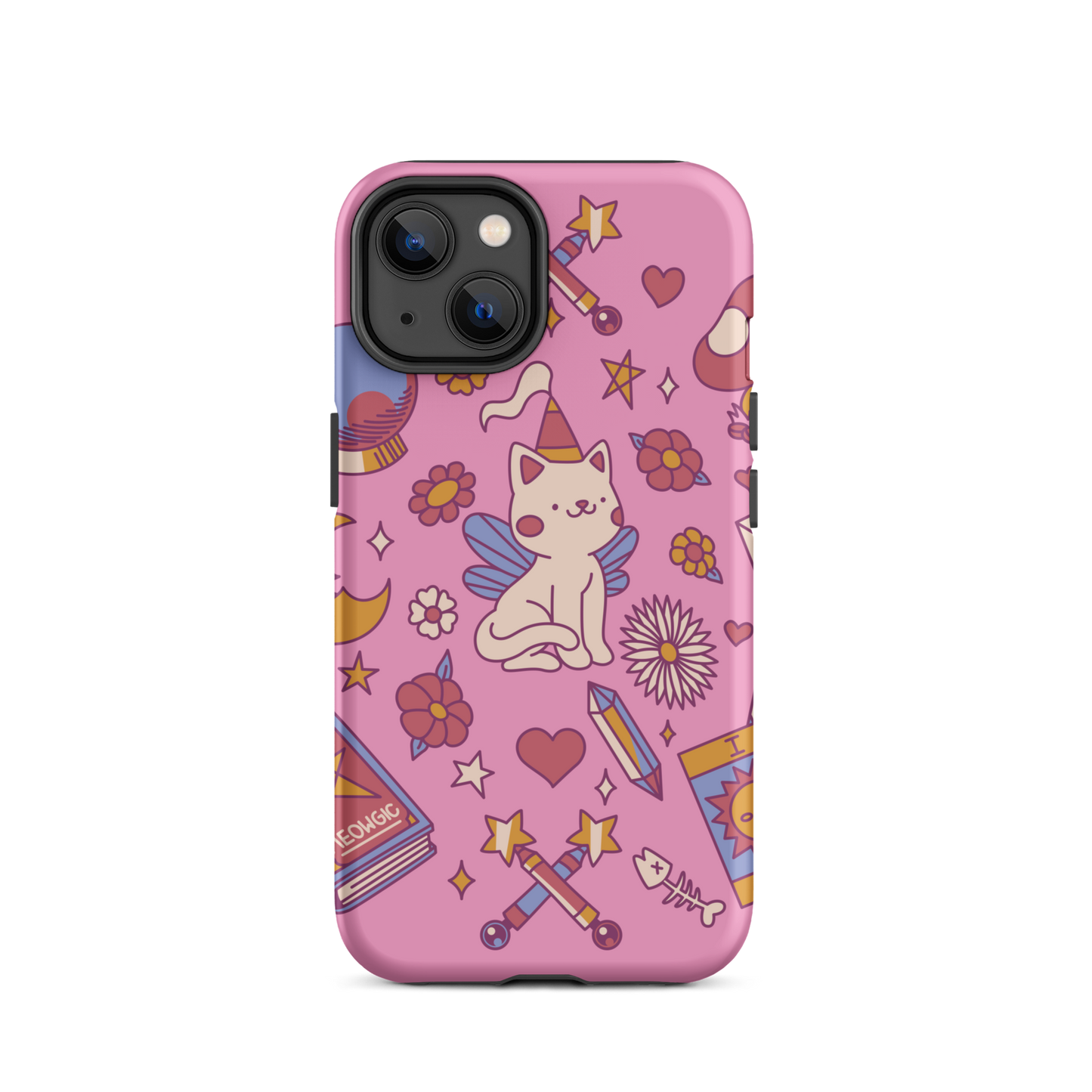 The artwork depicts a magical kitten with wings and a little hat, surrounded by crystals, flowers, tarot cards, mushrooms, and mystical elements in pastel shades. The design blends cute fantasy with colorful witchy aesthetics, creating an enchanting, lighthearted composition full of fun details. Perfect for lovers of cute mysticism, tarot, magical cats, and anyone who enjoys colorful prints with a magical vibe.