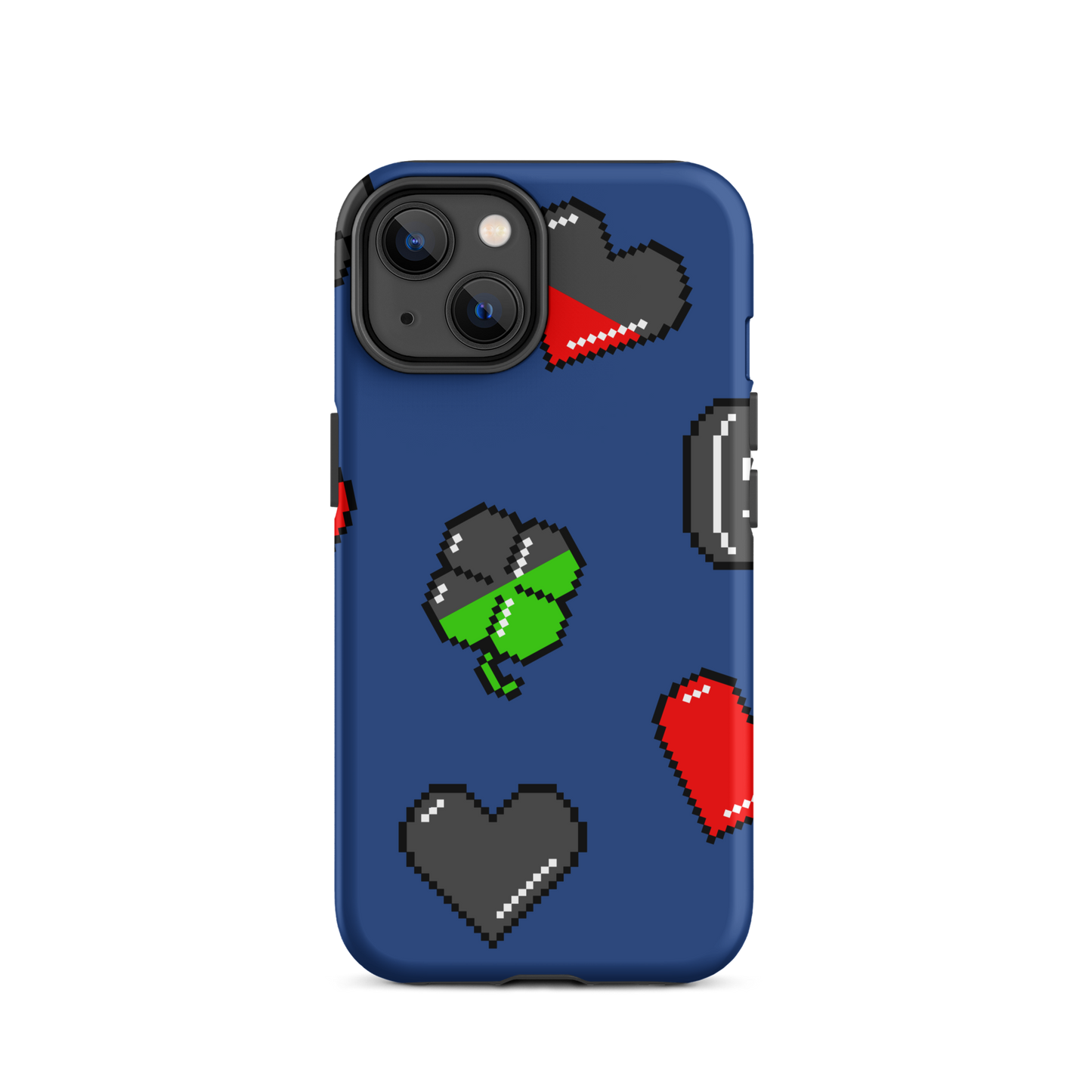 A repeating pattern made of 8-bit video game icons like hearts, four-leaf clovers, and coins. A nostalgic pixel art design inspired by classic games and retro digital culture.