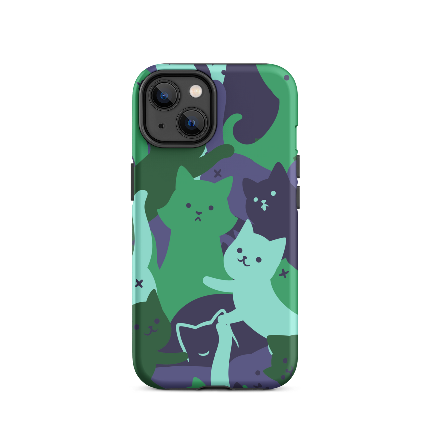 A playful pattern featuring multiple kittens in shades of green and blue, arranged to create a soft camouflage effect. This design blends cute cats with a modern pattern aesthetic, perfect for fans of fun, stylish, and whimsical art.