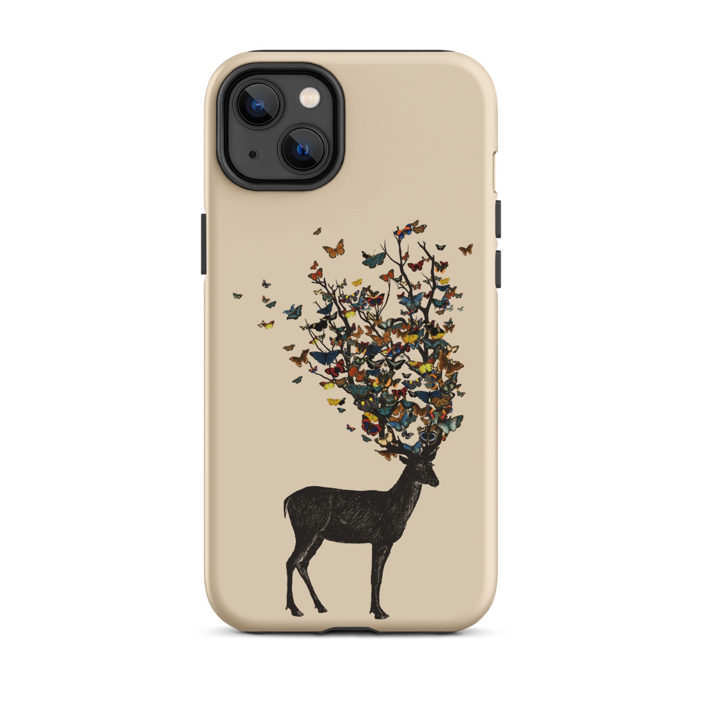 The image depicts a dark, silhouetted deer standing on a neutral background. Instead of branches, its antlers transform into a swirling cloud of vibrant, colorful butterflies that extend upwards and outward. The mix of organic and ethereal elements creates a captivating and whimsical visual contrast.