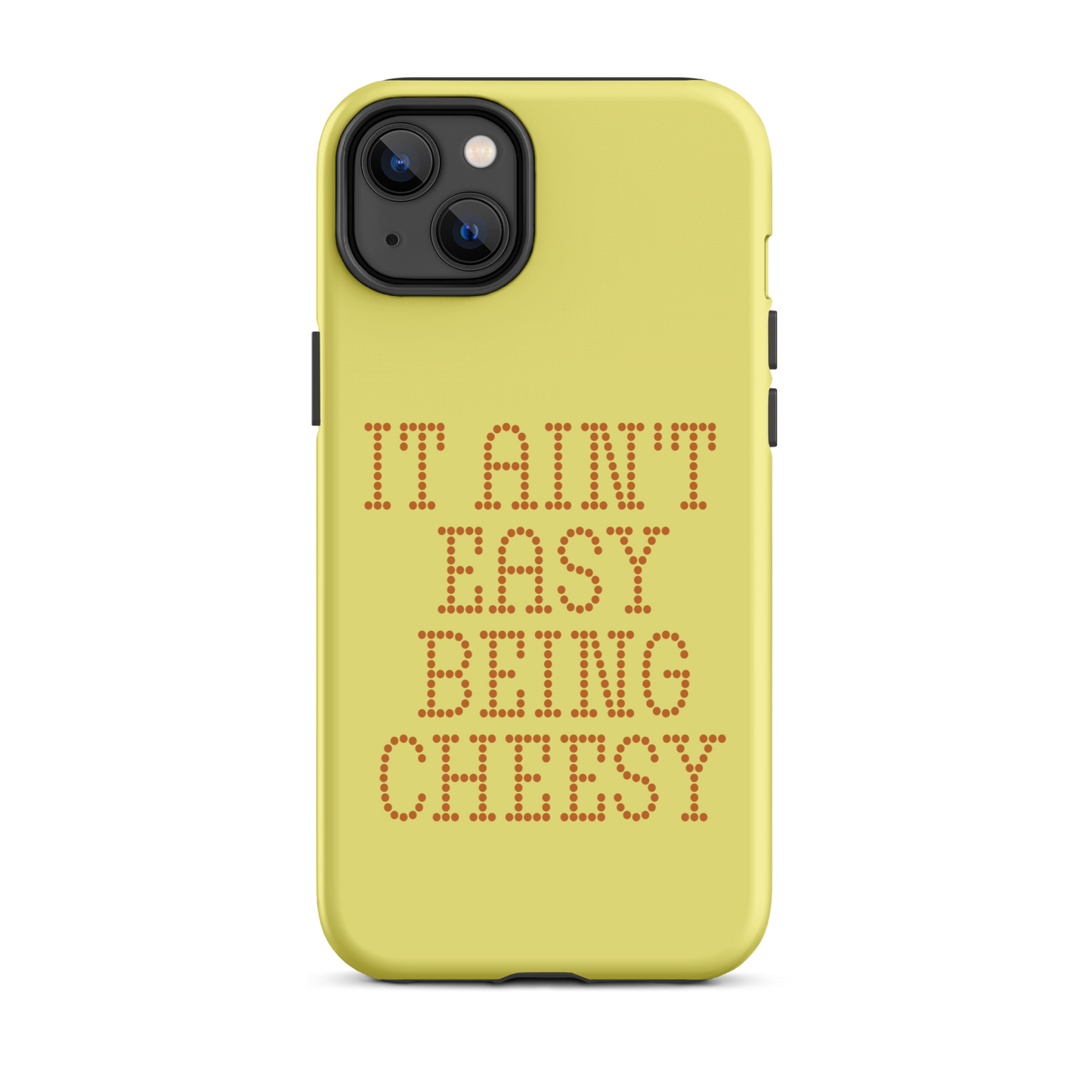 Bold dotted typography spells out ‘It Ain’t Easy Being Cheesy’ in a playful retro style on a yellow background. This funny design mixes wordplay with foodie humor, perfect for pun lovers, cheese fans, retro humor enthusiasts, and anyone who embraces the cringe with pride. A great quirky gift for cheese lovers and humor fans alike.