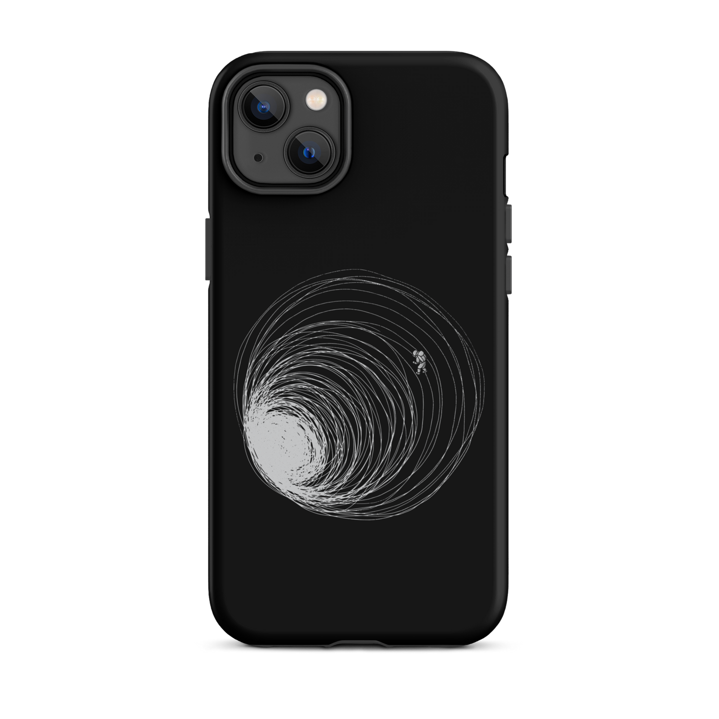 A big black hole with an astronaut floating around as if being sucked into it. A minimalist art perfect for those who love space.