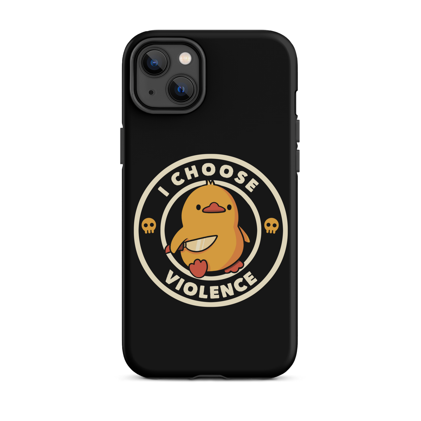 A cute, cartoon-style yellow duckling stands confidently holding a large knife in its wing. The duckling is encircled by text saying 'I CHOOSE VIOLENCE' in bold white letters. Small skull symbols flank the chick on either side, adding a touch of humor and irony to the otherwise adorable drawing.