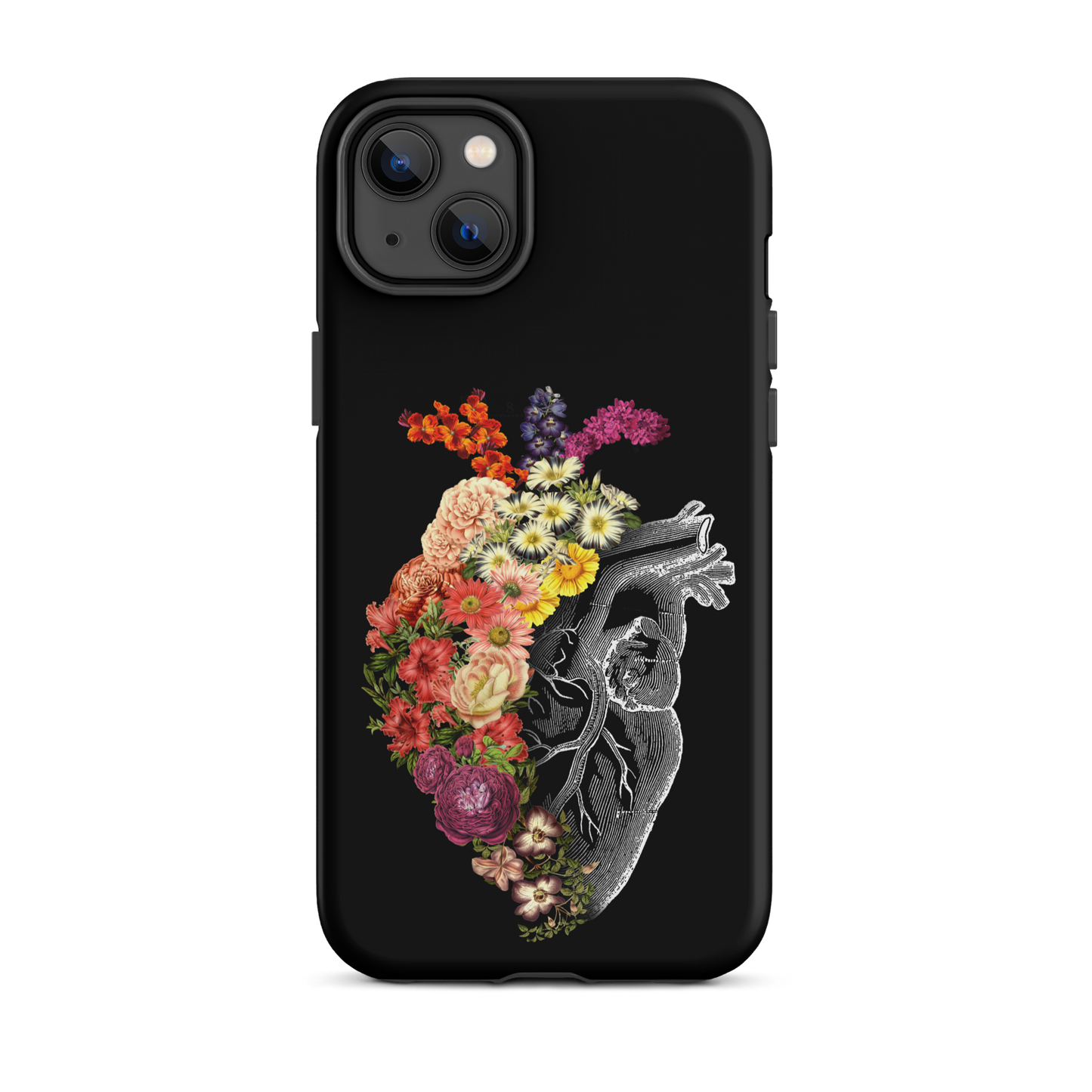 The design is an intricate and anatomical drawing of a human heart on a black background. The left side of the heart morphs into a vibrant assortment of colorful flowers, including roses, daisies, and other blooming blossoms, creating a striking contrast between the realistic and the surreal, symbolizing the harmony between nature and humanity.
