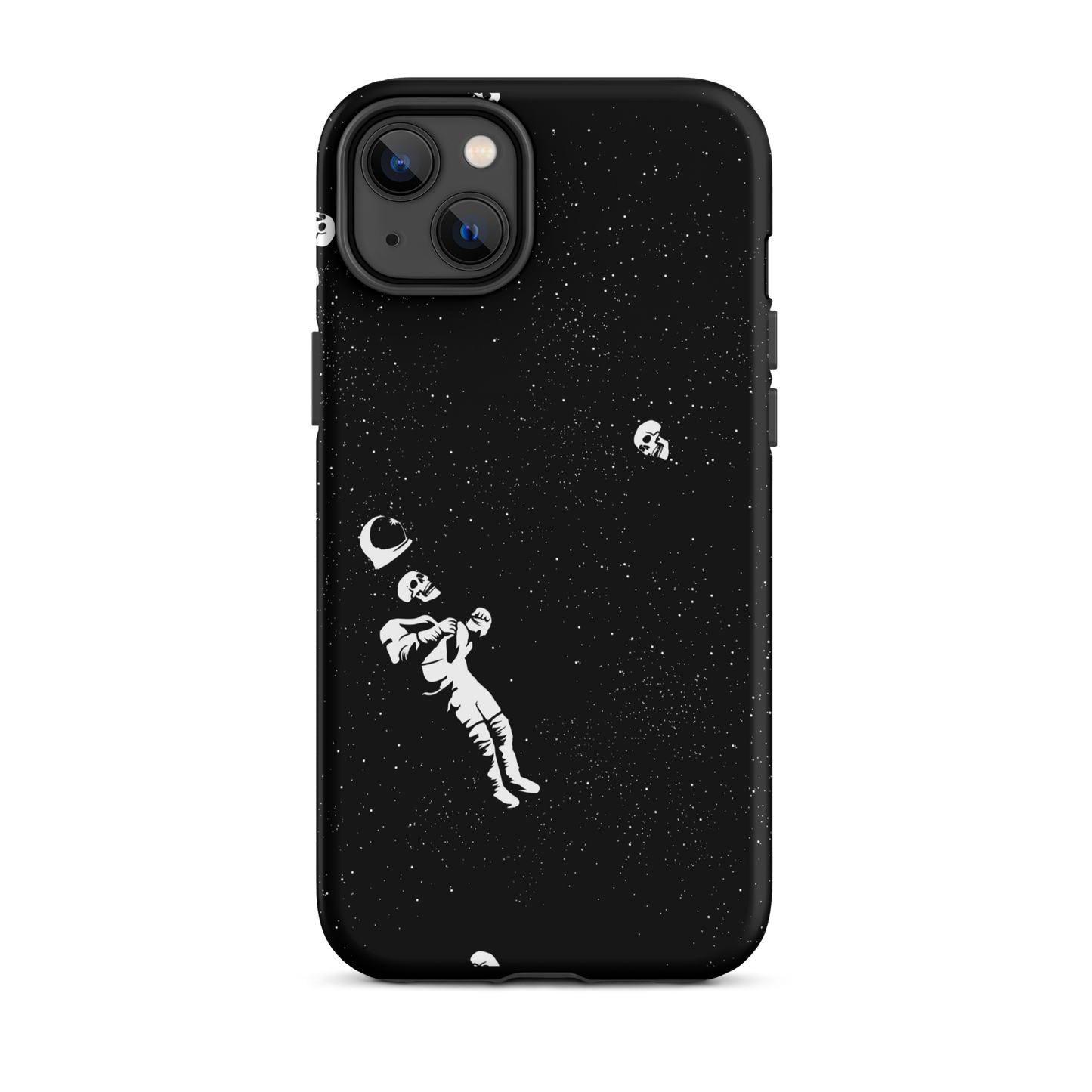 This image features a white astronaut figures floating in a dark, starry space background. The astronaut is surrounded by small celestial bodies and crescent moons, giving a sense of drifting through the cosmos. The design is intricate and has a whimsical, dreamy quality, with a vintage-inspired look, evoking a sense of exploration and wonder.