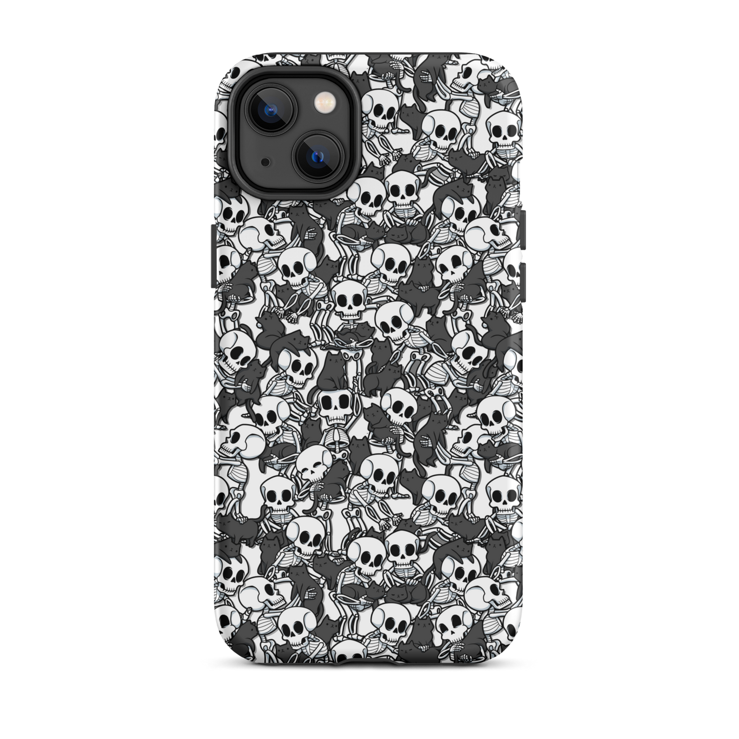 This artwork shows a playful pattern of cartoon skeletons cuddling and interacting with adorable black cats. It blends spooky charm with cozy, humorous vibes, creating a perfect aesthetic between macabre and cute. Ideal for fans of Halloween, gothic aesthetics, or anyone who loves fun prints with personality.