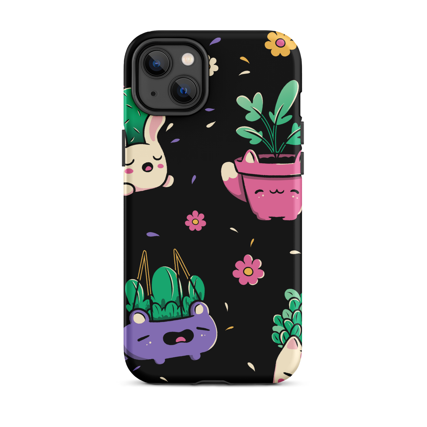 An endearing pattern featuring petite potted plants creatively shaped like adorable animals, arranged in a charming repeating composition. This enchanting design is perfect for plant enthusiasts who adore greenery and love surrounding themselves with whimsical, nature-inspired details.