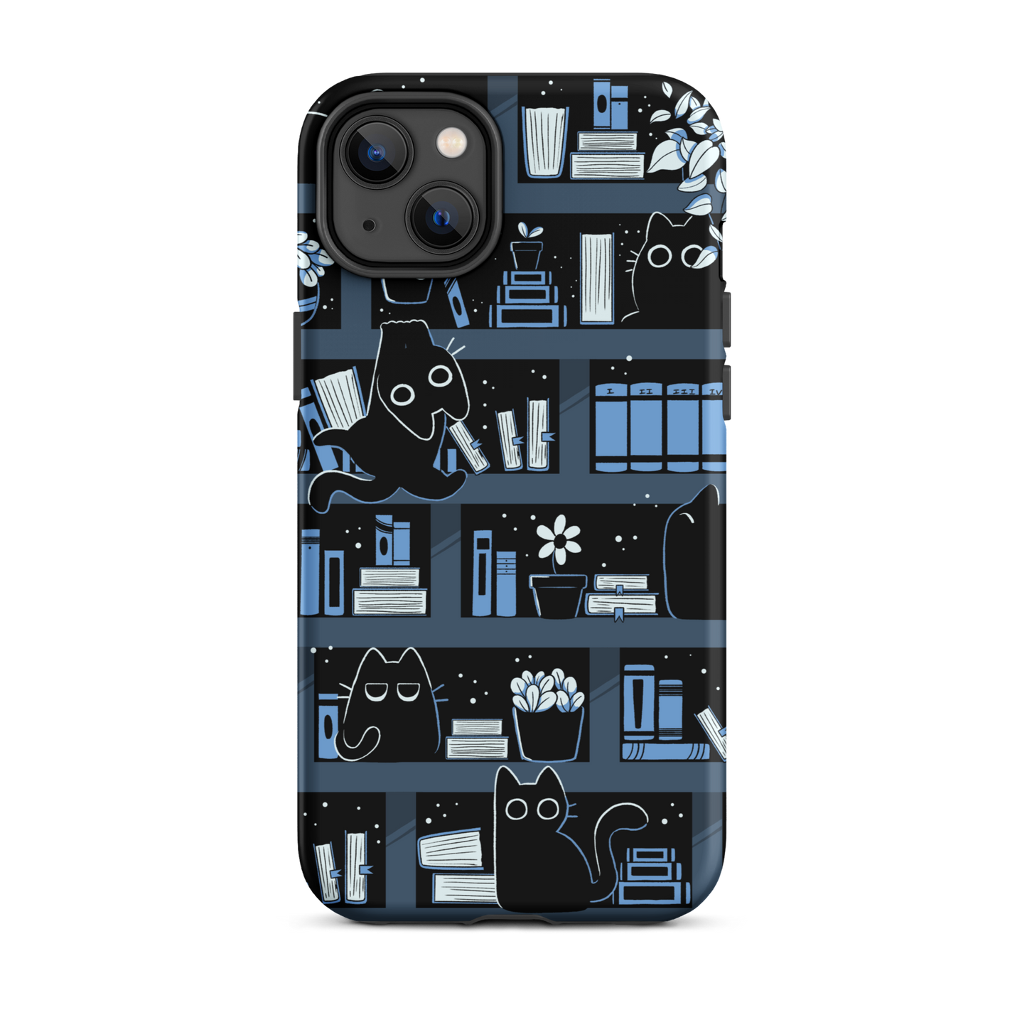 A pattern designed to resemble one large bookshelf filled with books, plants and playful little black kittens tucked between the shelves. An artwork in shades of black and blue, perfect for those who love cats, books and plants.