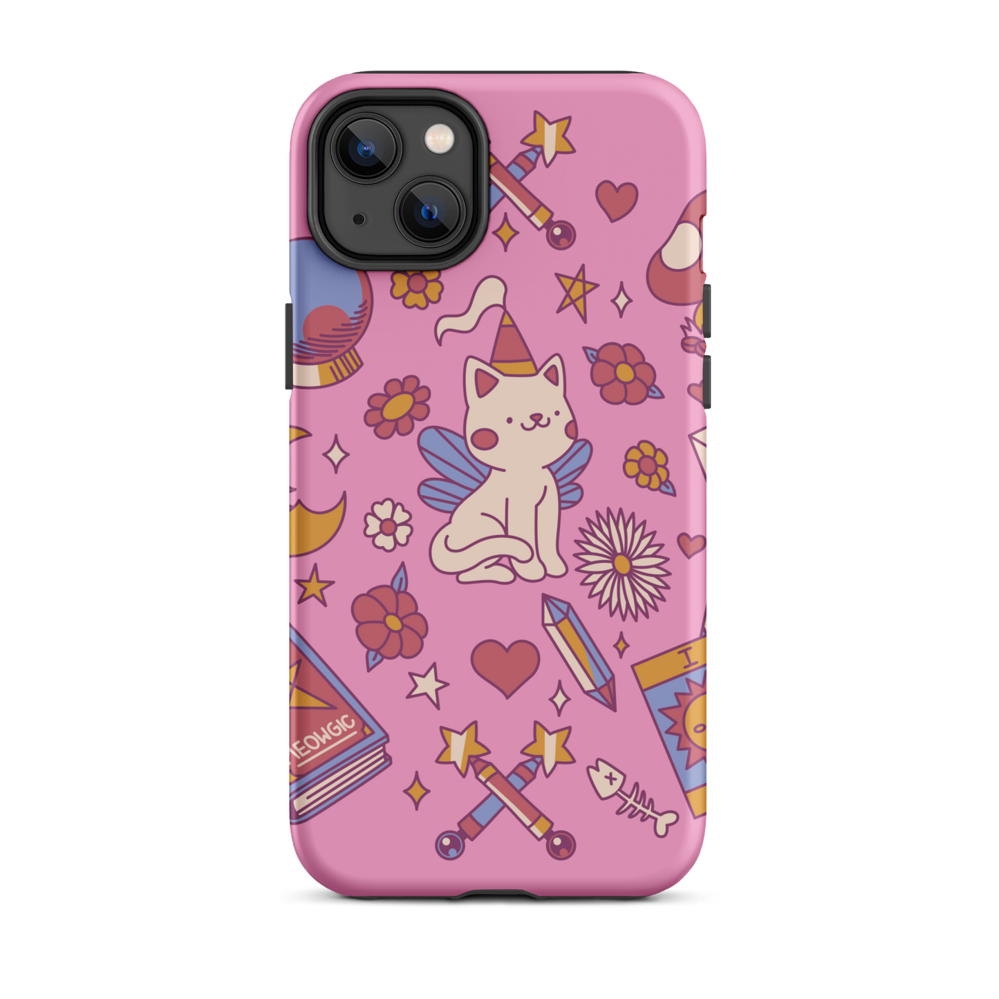 The artwork depicts a magical kitten with wings and a little hat, surrounded by crystals, flowers, tarot cards, mushrooms, and mystical elements in pastel shades. The design blends cute fantasy with colorful witchy aesthetics, creating an enchanting, lighthearted composition full of fun details. Perfect for lovers of cute mysticism, tarot, magical cats, and anyone who enjoys colorful prints with a magical vibe.