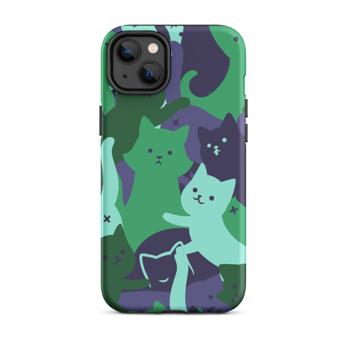 A playful pattern featuring multiple kittens in shades of green and blue, arranged to create a soft camouflage effect. This design blends cute cats with a modern pattern aesthetic, perfect for fans of fun, stylish, and whimsical art.