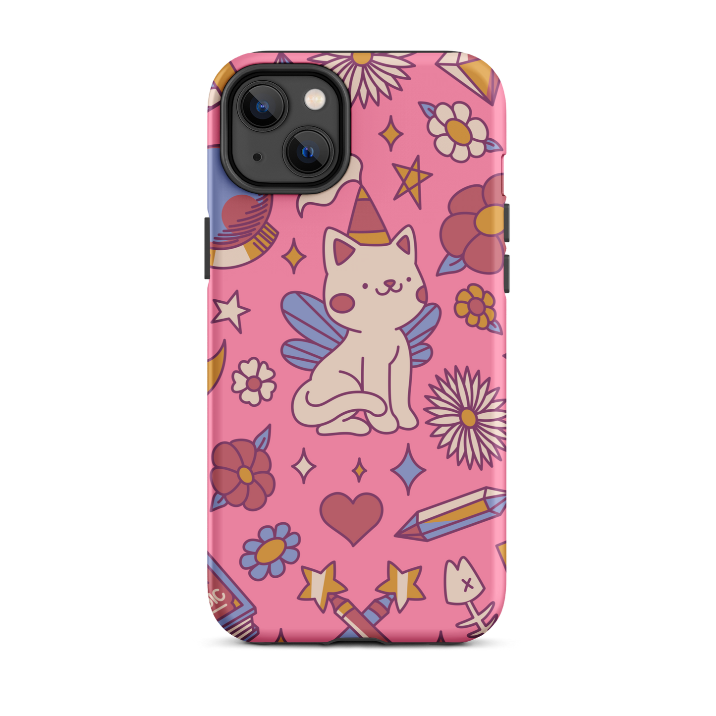 A seamless pattern featuring a magical winged kitten surrounded by crystals, flowers, tarot cards, mushrooms and other mystical elements in soft pastel tones. A playful and whimsical design with a cute, magical vibe.