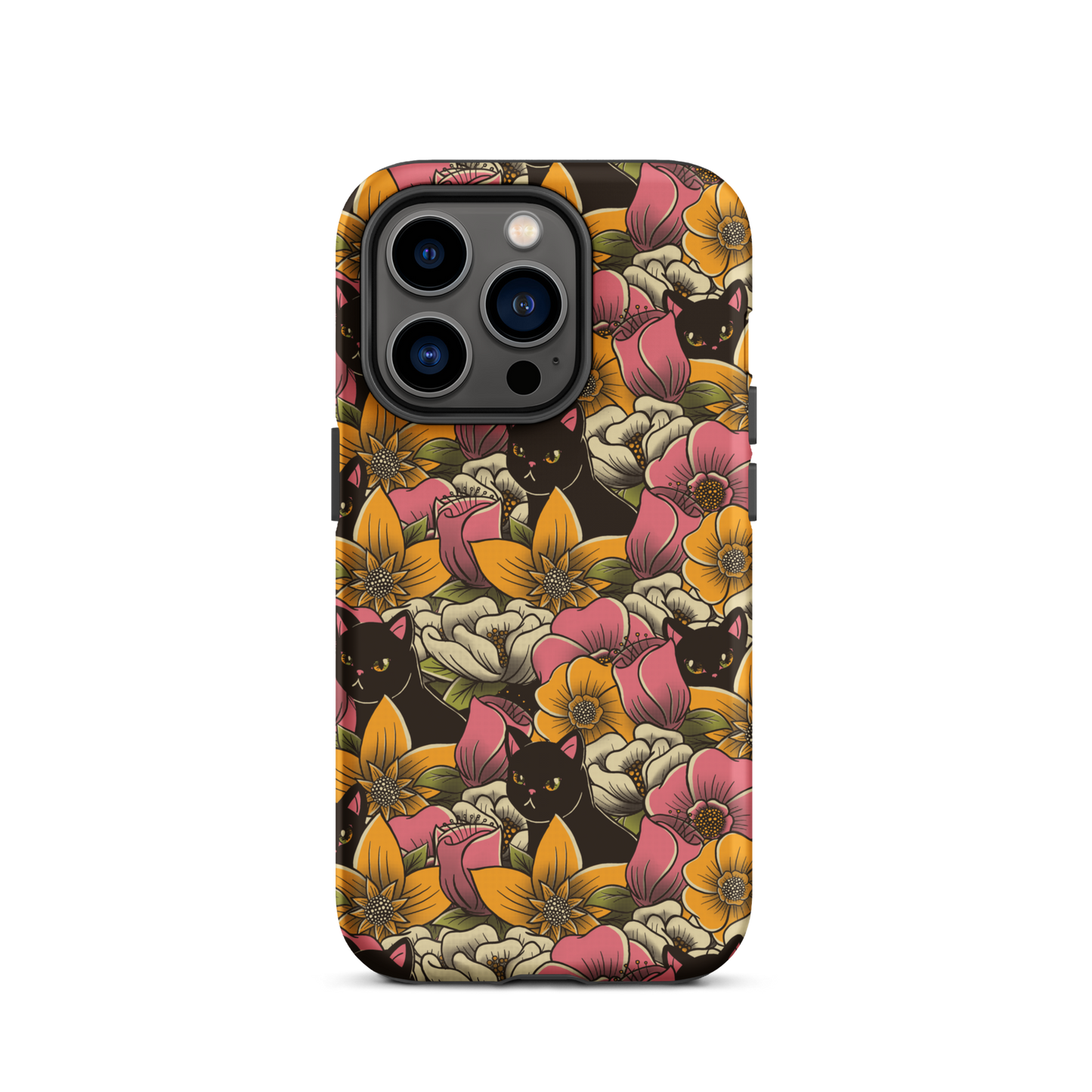 The image features a repeating pattern of colorful flowers in pink, yellow, and cream hues with lush green foliage. Interspersed among the flowers are playful black cats with bright eyes. The design has a whimsical and vibrant feel, ideal for various products like t-shirts, stickers, coffee cups, and skateboards. The style is reminiscent of traditional floral art blended with playful elements of animal decor.