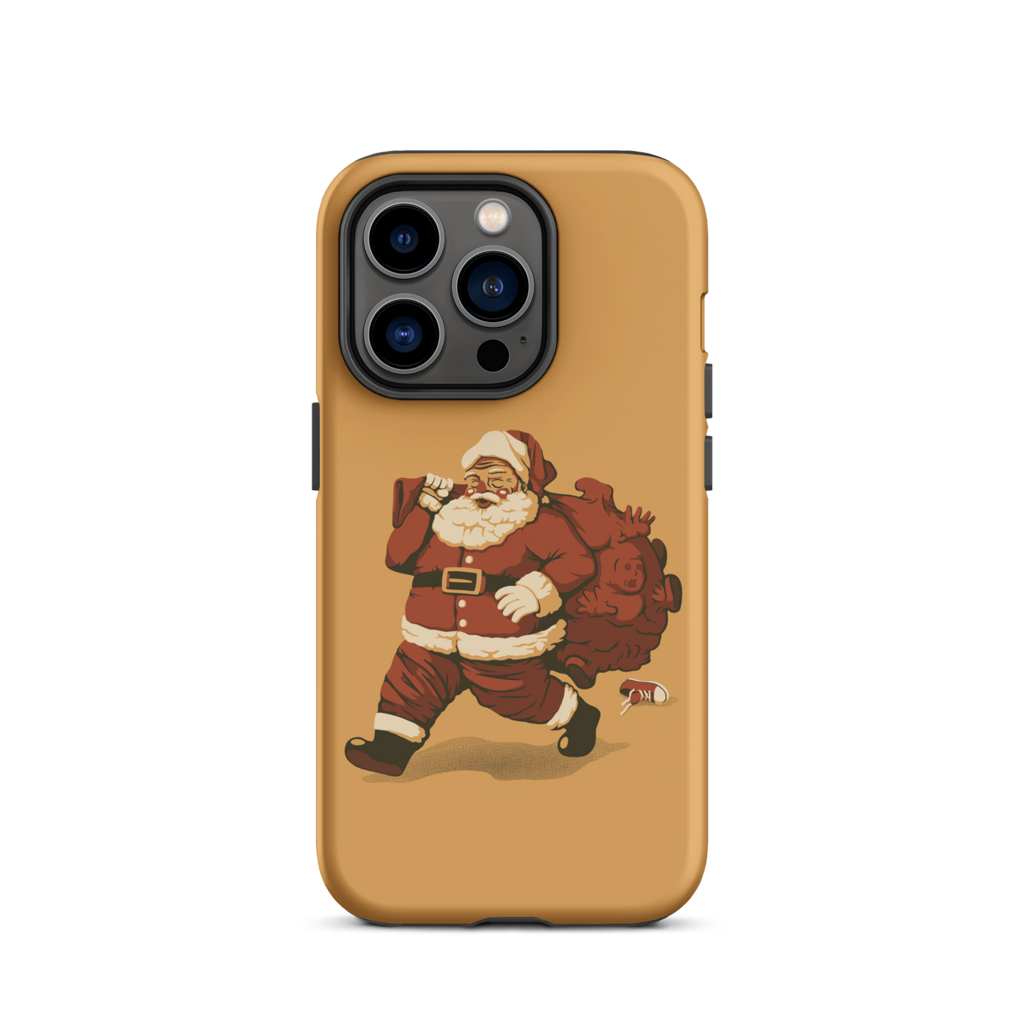 A cute Santa Claus carrying a red bag full of what appear to be gifts, but when you look closer you can see that there are several little boys. A fun art that mixes up the story that the good boys are going to get charcoal from Santa, but this time Santa is taking them.