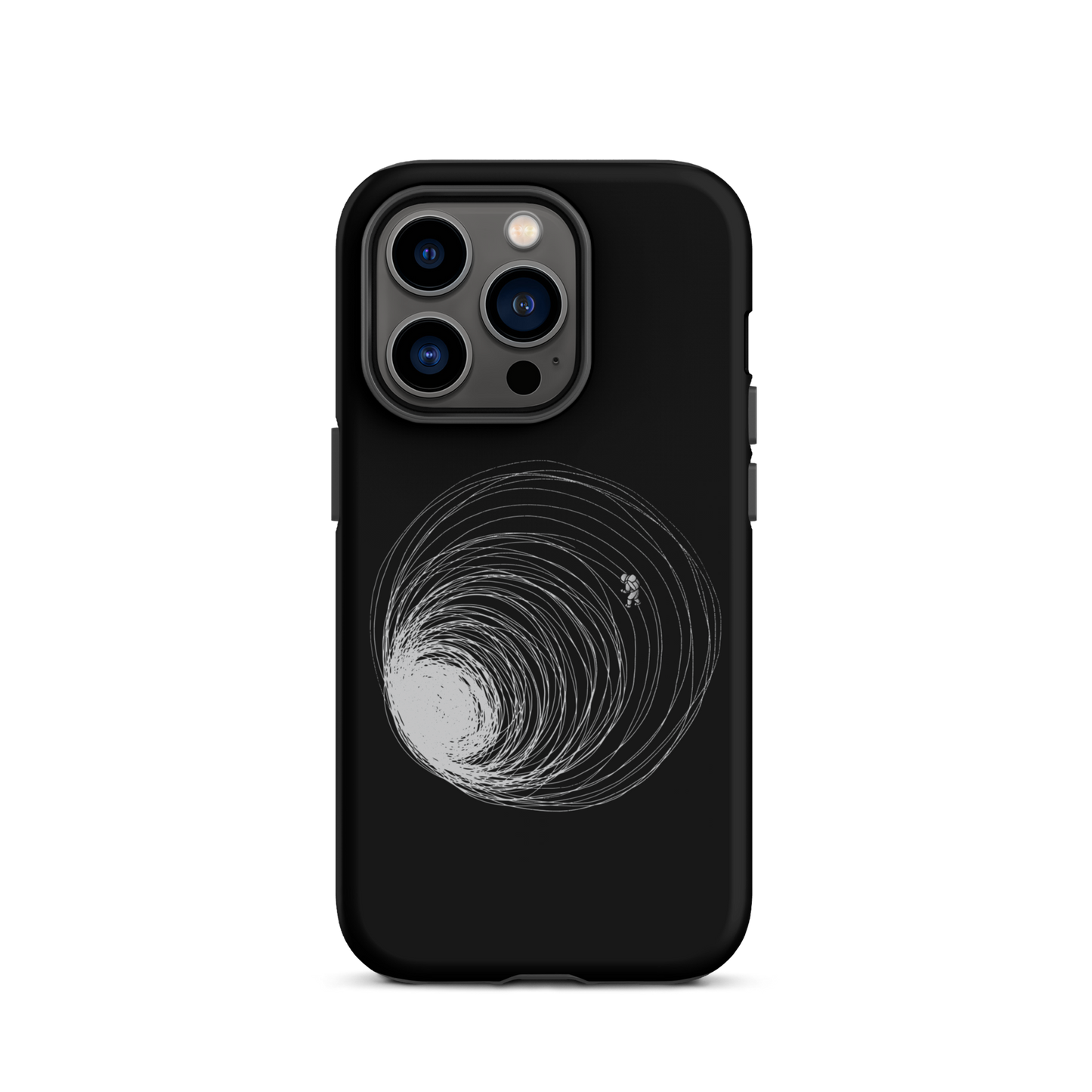 A big black hole with an astronaut floating around as if being sucked into it. A minimalist art perfect for those who love space.