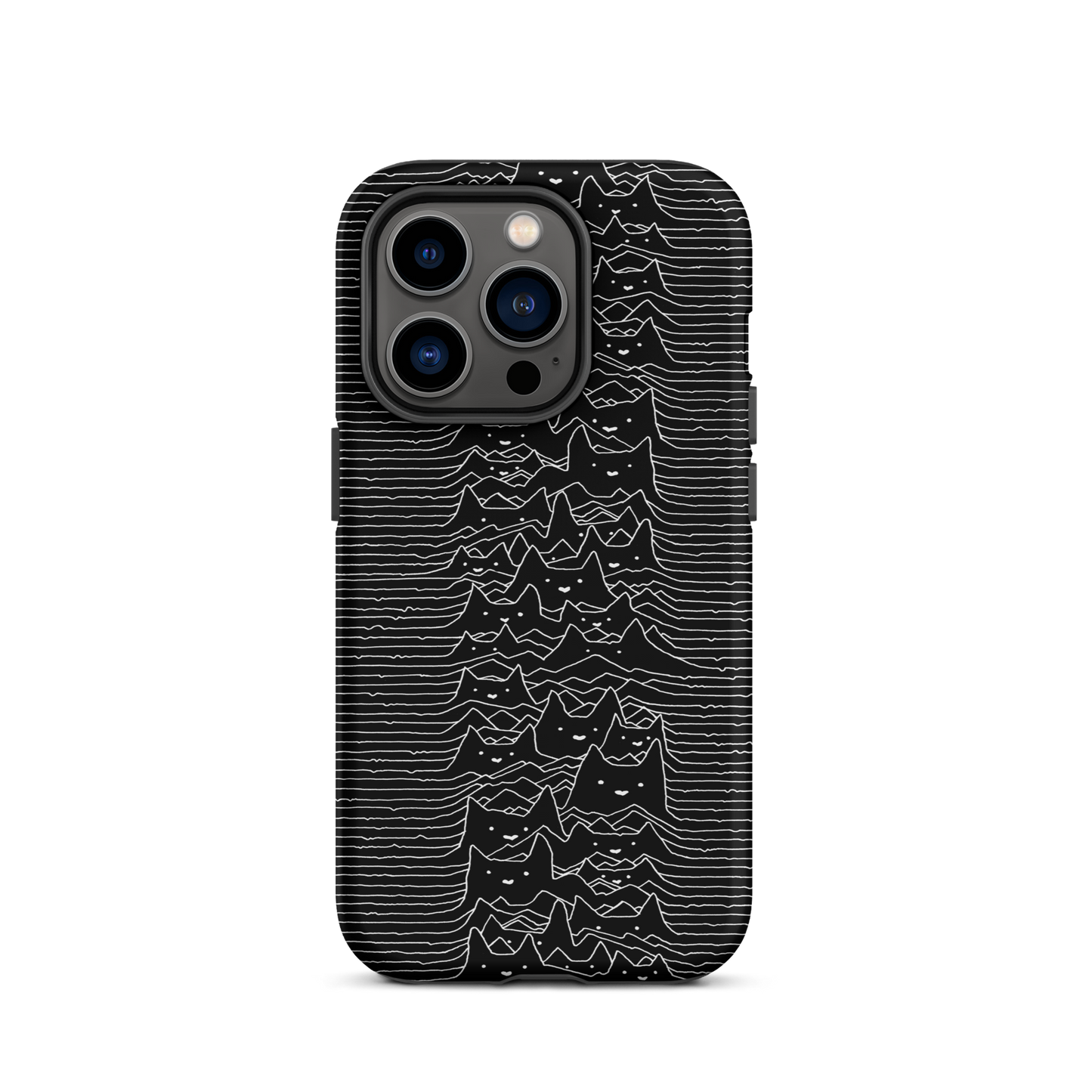 The drawing is a series of continuous wavy lines forming a pattern reminiscent of sound waves or topographic maps, but with an unexpected twist: the lines create the shapes of numerous cat faces stacked vertically. Each cat has simple, expressive features with pointed ears, adding a whimsical element to the otherwise structured pattern.