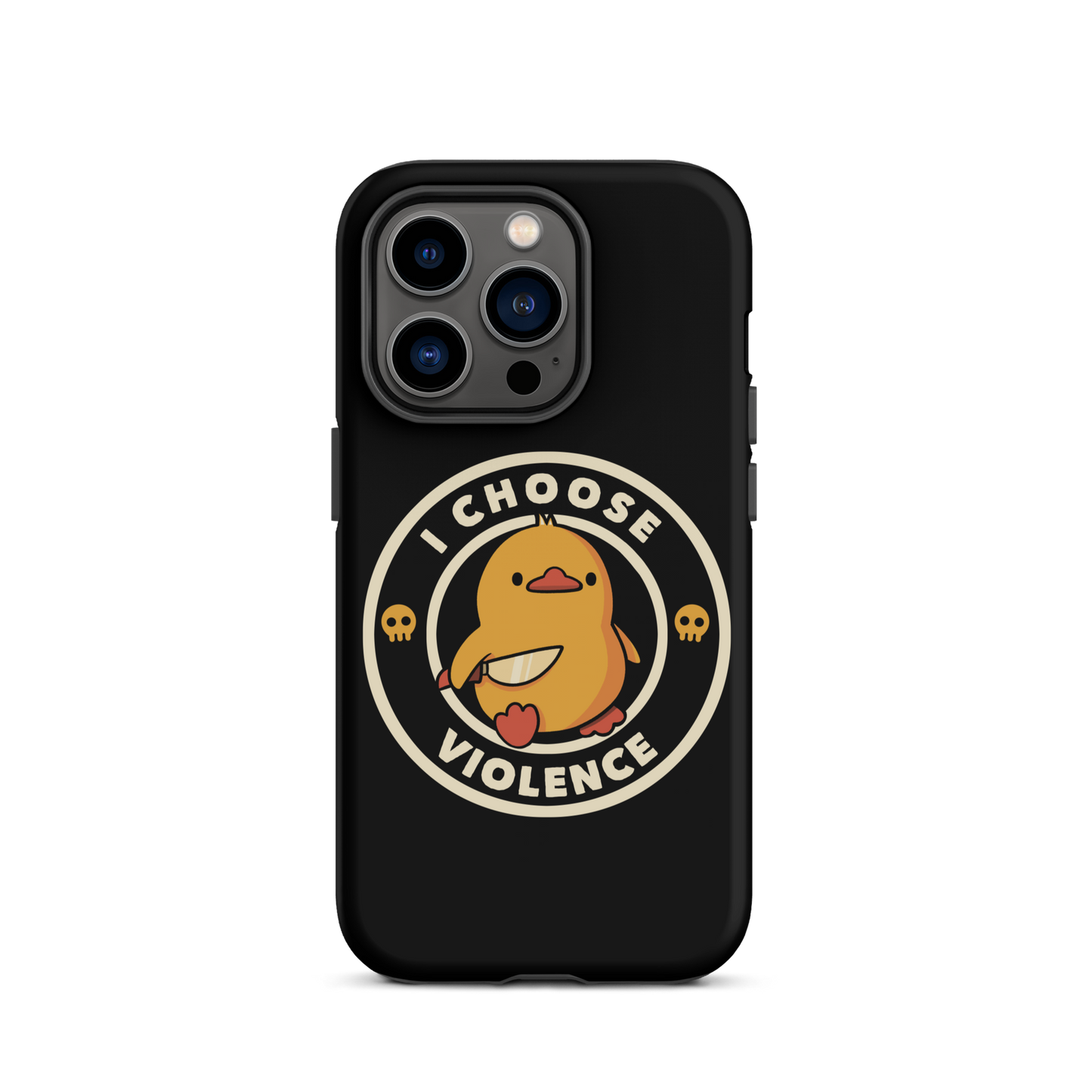 A cute, cartoon-style yellow duckling stands confidently holding a large knife in its wing. The duckling is encircled by text saying 'I CHOOSE VIOLENCE' in bold white letters. Small skull symbols flank the chick on either side, adding a touch of humor and irony to the otherwise adorable drawing.