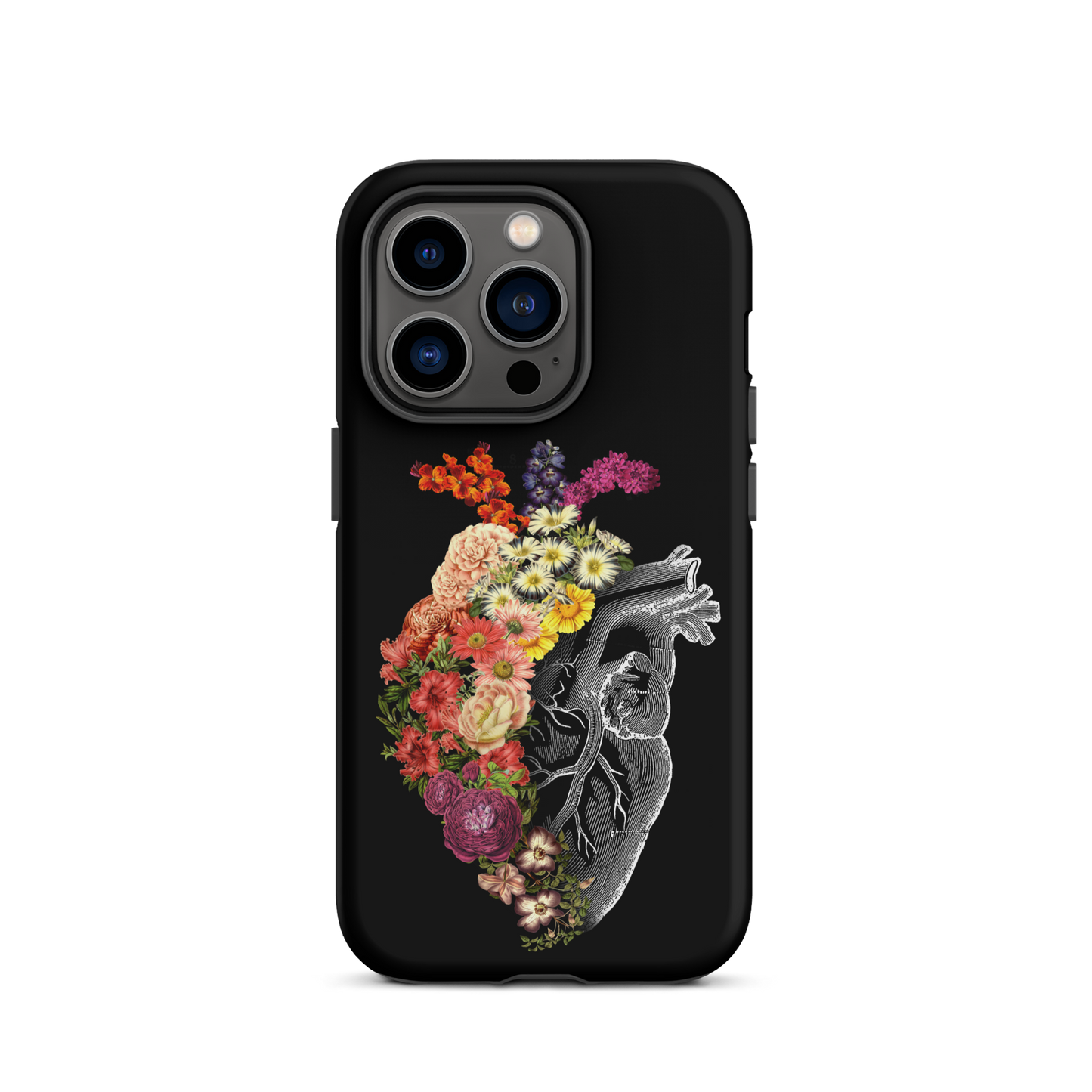 The design is an intricate and anatomical drawing of a human heart on a black background. The left side of the heart morphs into a vibrant assortment of colorful flowers, including roses, daisies, and other blooming blossoms, creating a striking contrast between the realistic and the surreal, symbolizing the harmony between nature and humanity.