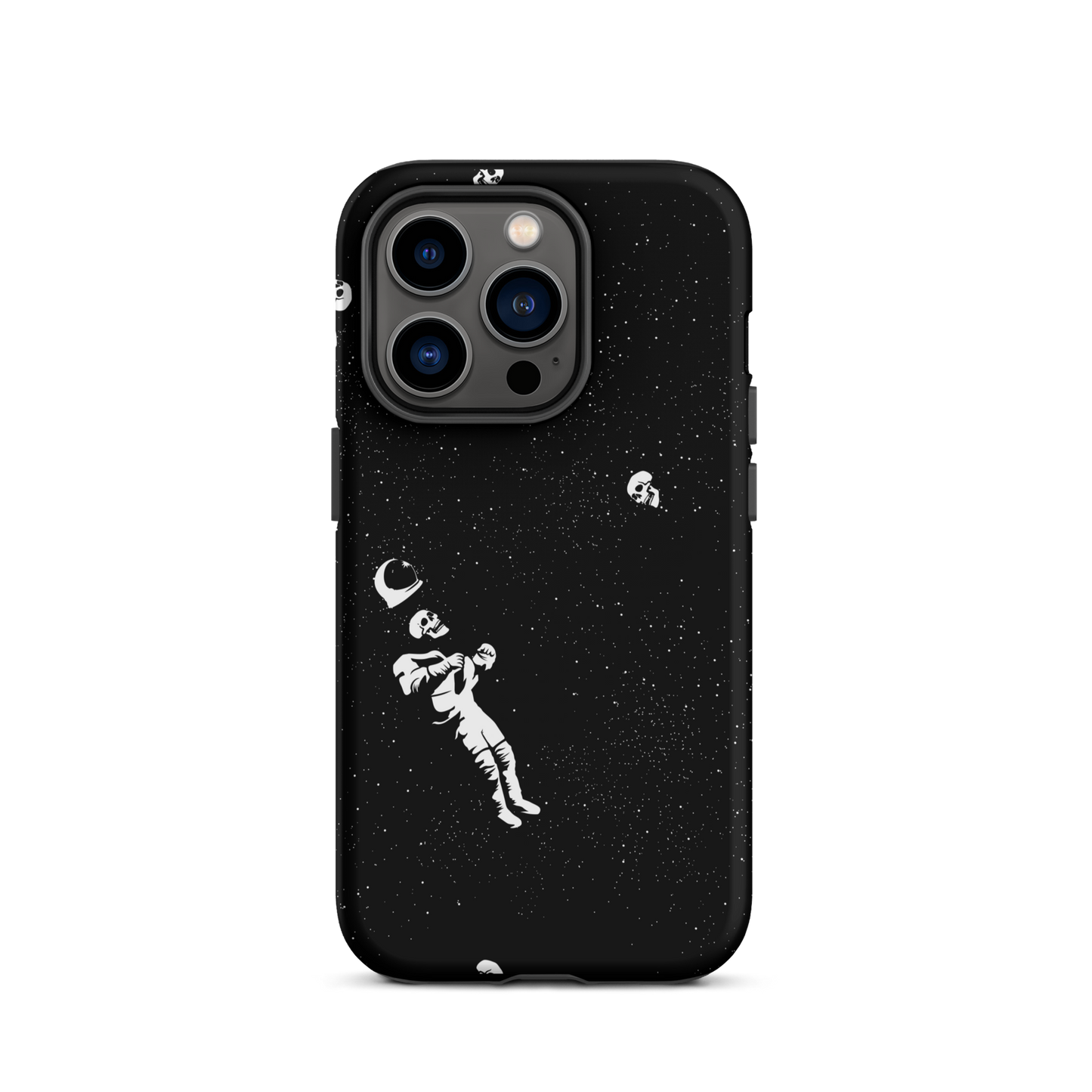 This image features a white astronaut figures floating in a dark, starry space background. The astronaut is surrounded by small celestial bodies and crescent moons, giving a sense of drifting through the cosmos. The design is intricate and has a whimsical, dreamy quality, with a vintage-inspired look, evoking a sense of exploration and wonder.